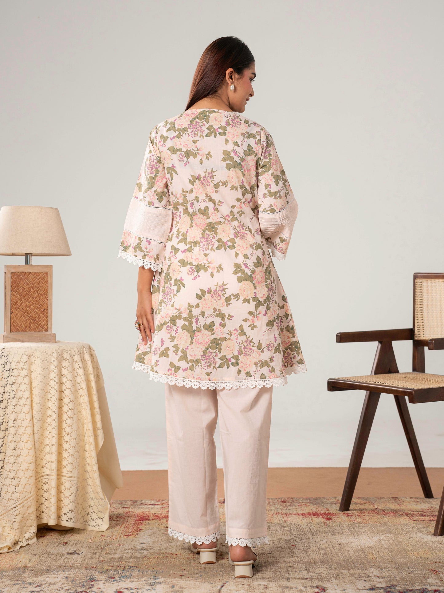 Soft cotton Floral A-line Pink Kurta