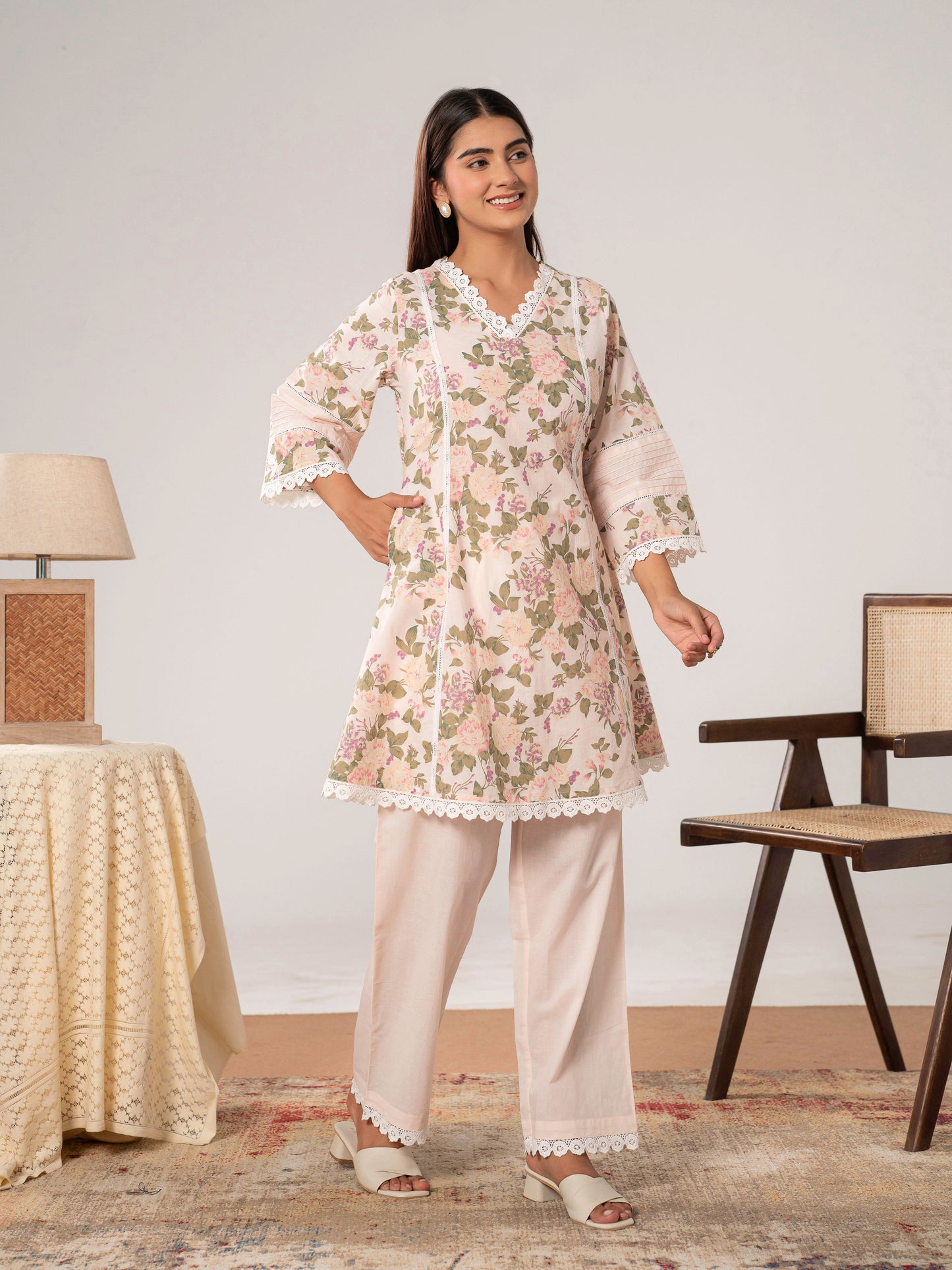 Soft cotton Floral A-line Pink Kurta