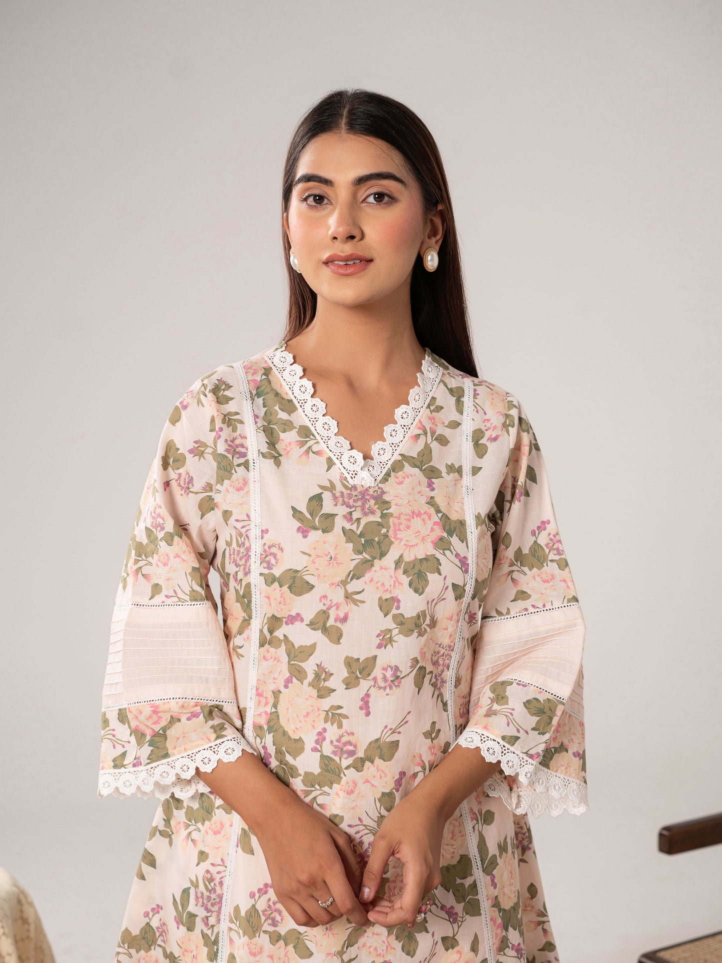 Soft cotton Floral A-line Pink Kurta