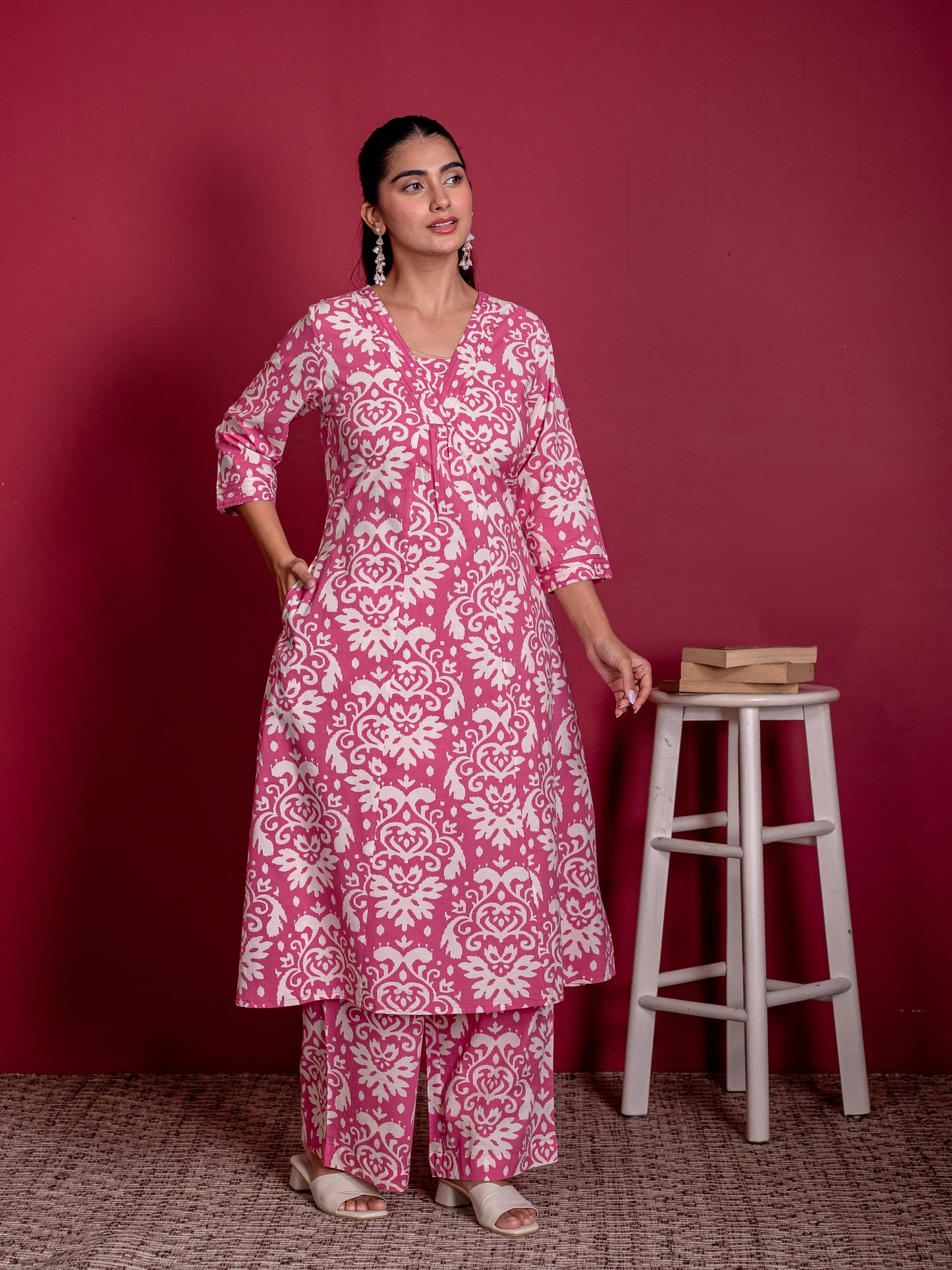 Soft cotton Ikat A-line Pink Kurta