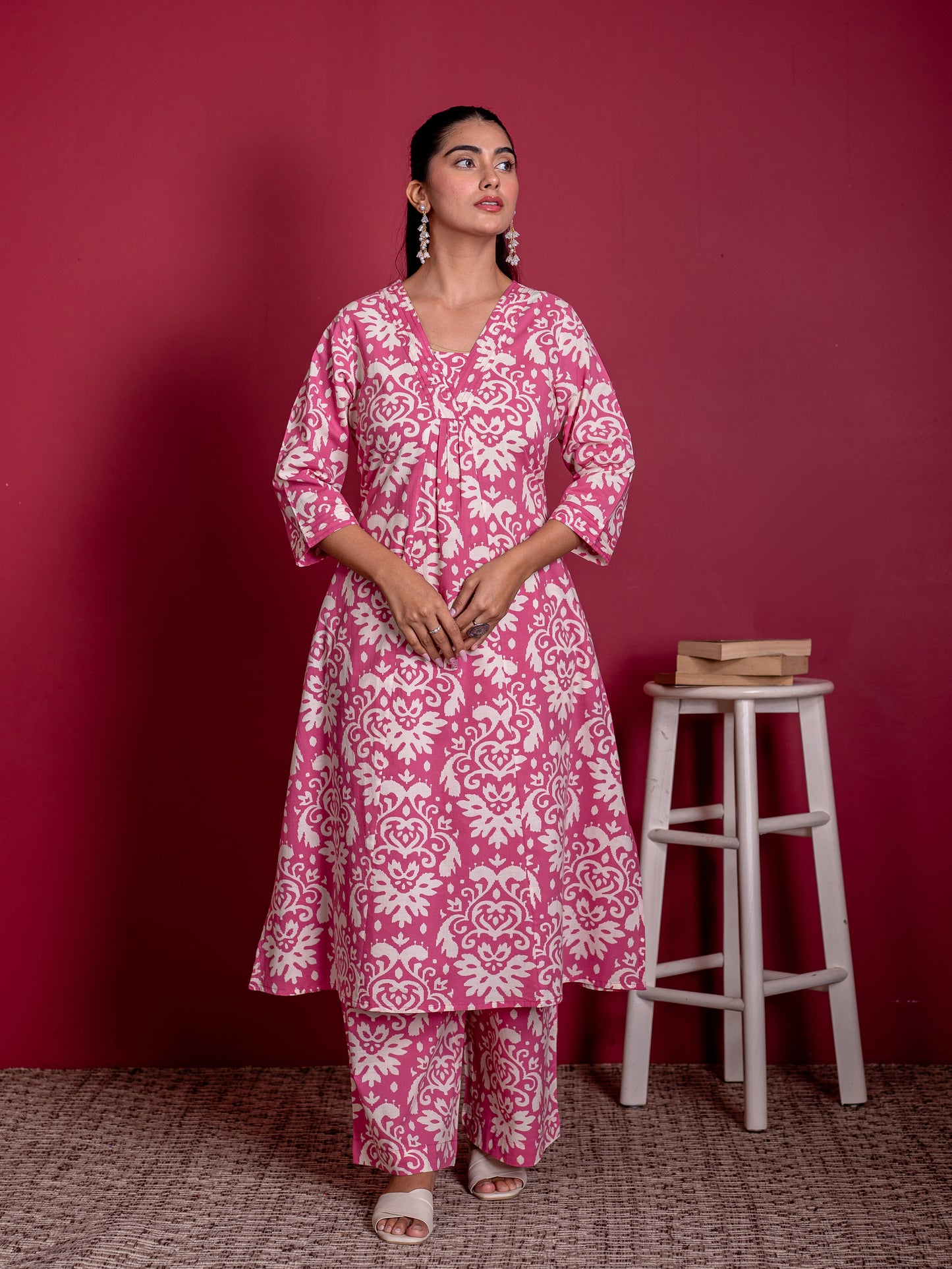 Soft cotton Ikat A-line Pink Kurta