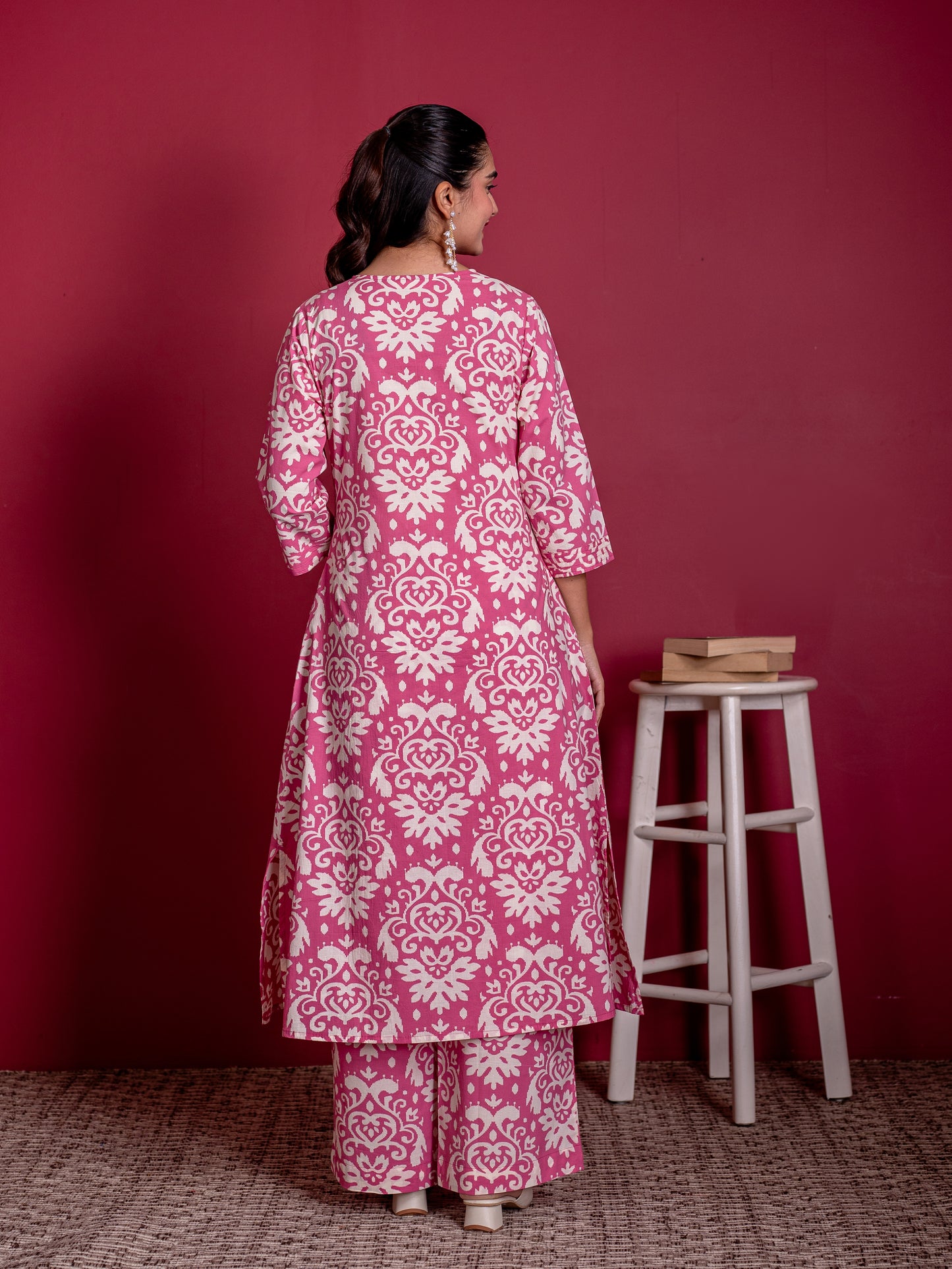 Soft cotton Ikat A-line Pink Kurta