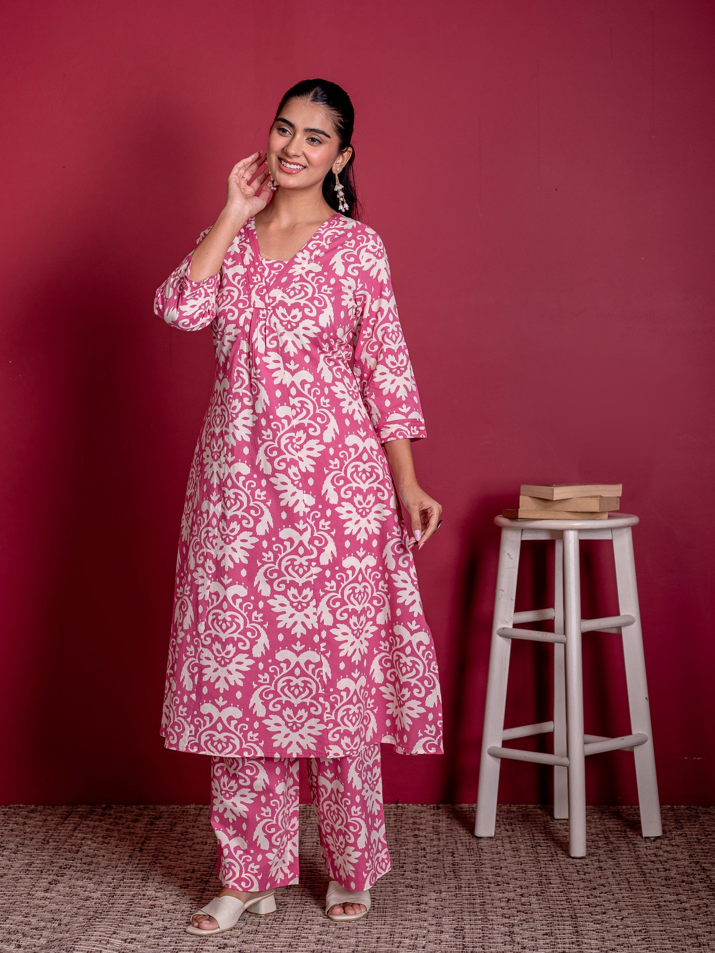 Soft cotton Ikat A-line Pink Kurta