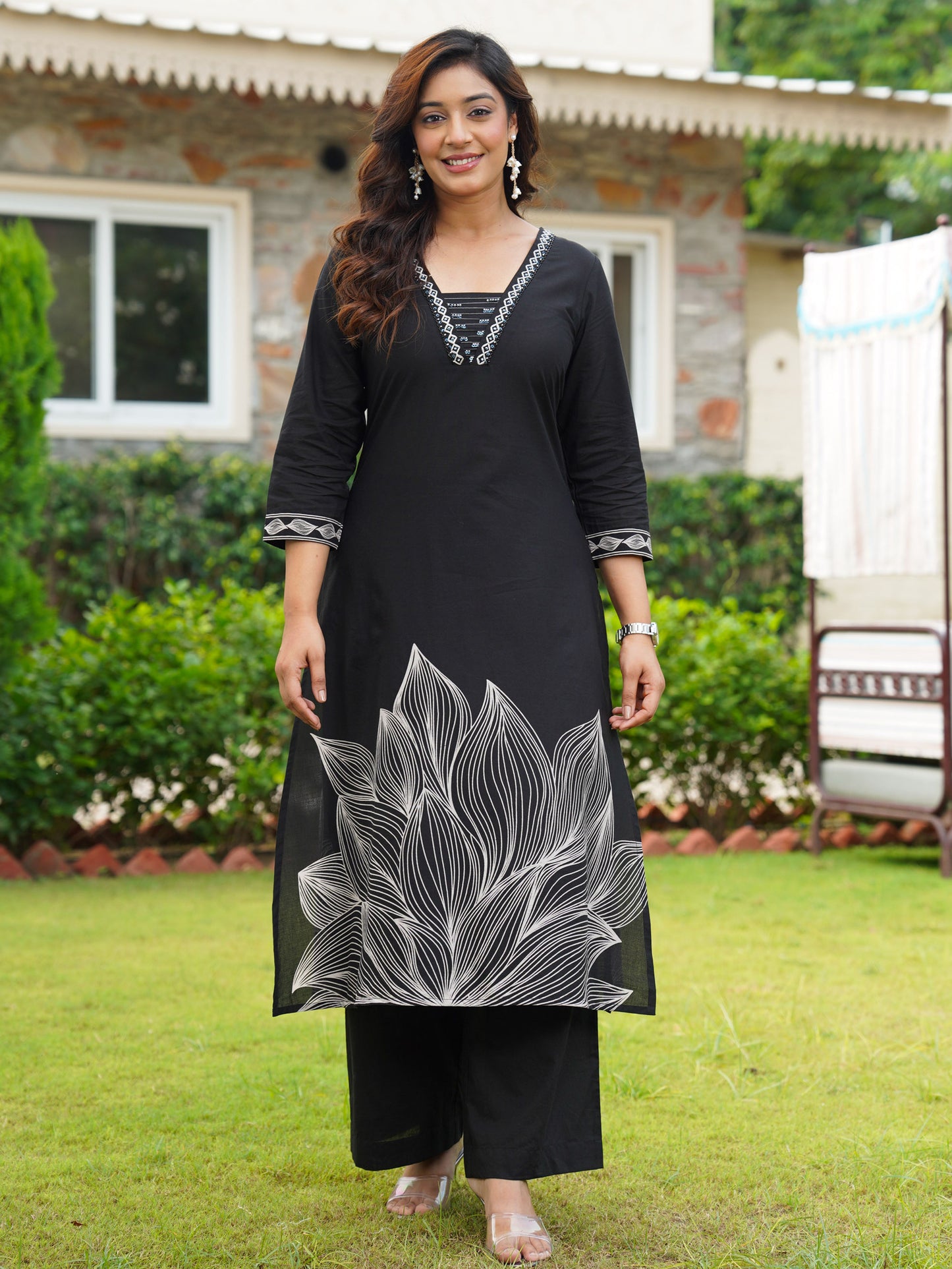 Embroidered Soft cotton Placement Print Straight Black Kurta