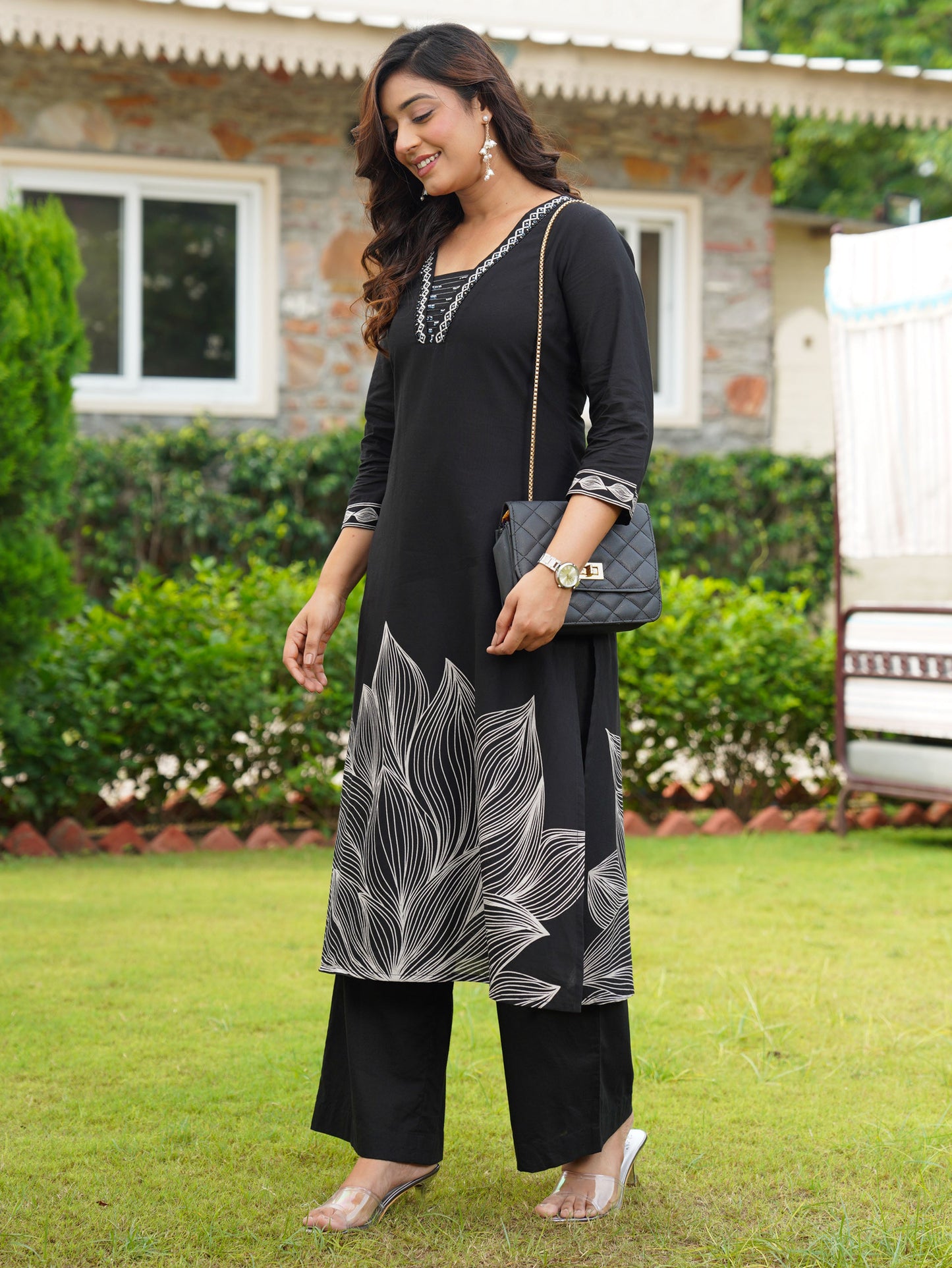 Embroidered Soft cotton Placement Print Straight Black Kurta