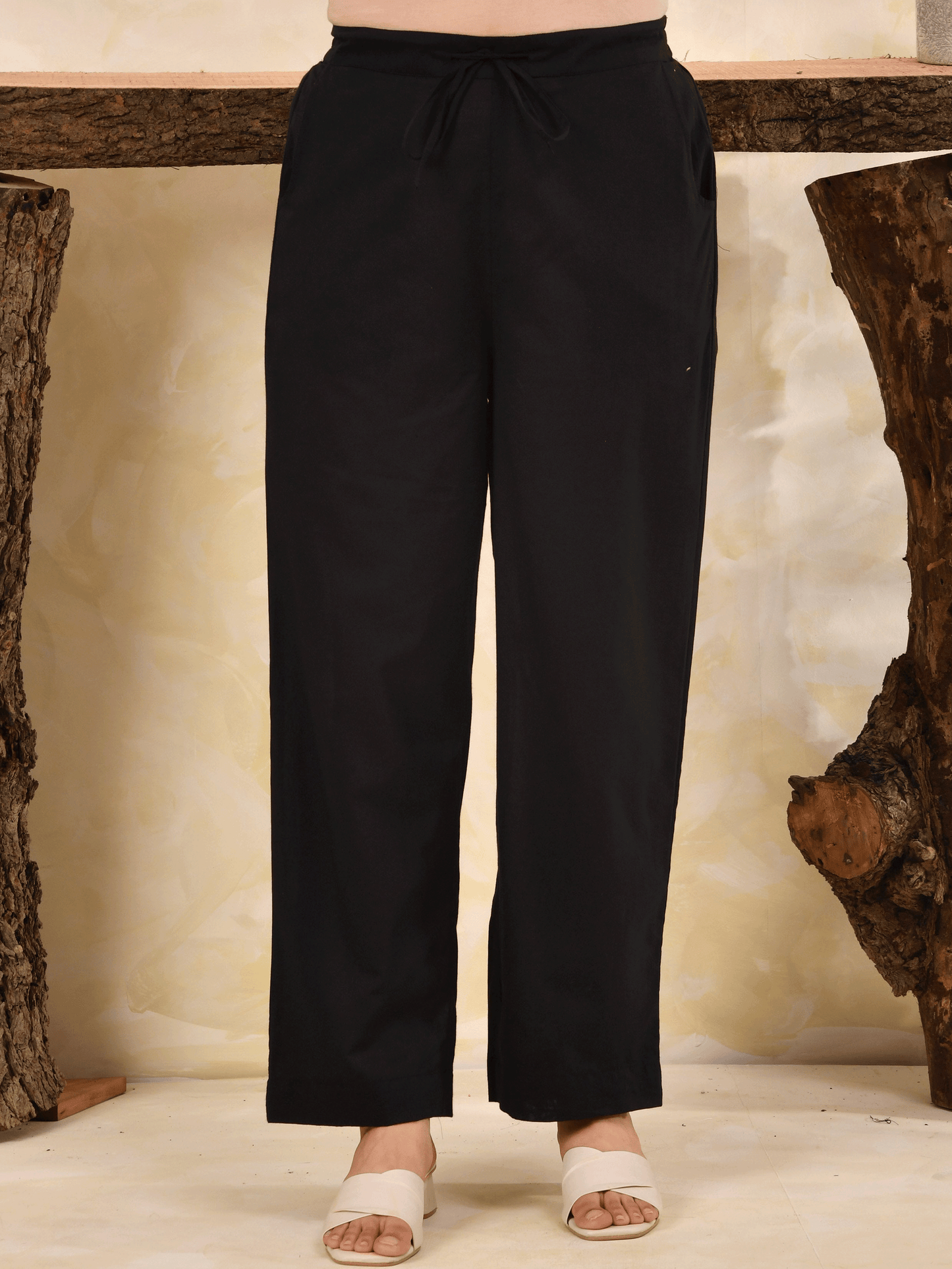 Soft cotton Solid Black Straight Trousers