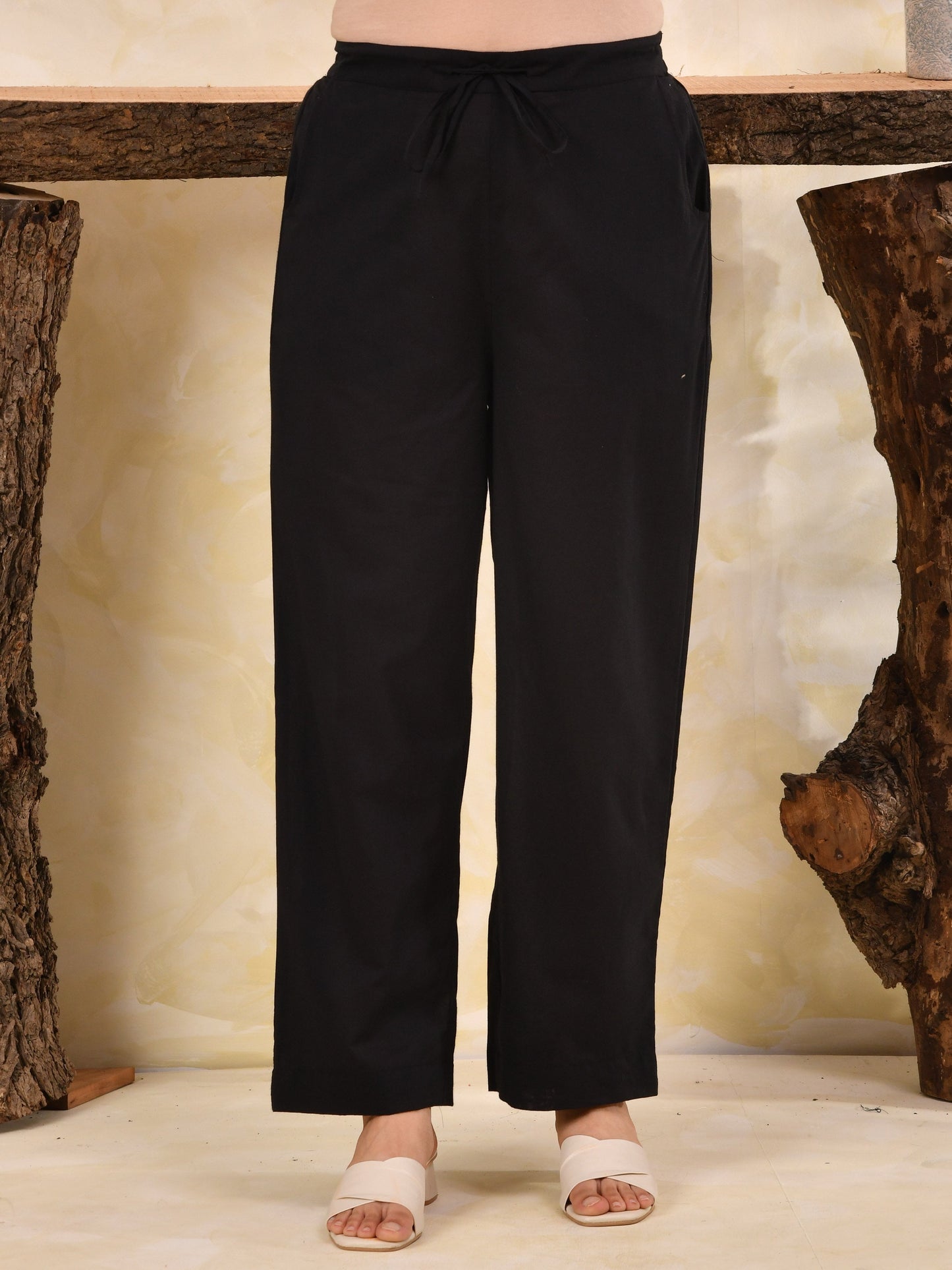 Soft cotton Solid Black Straight Trousers