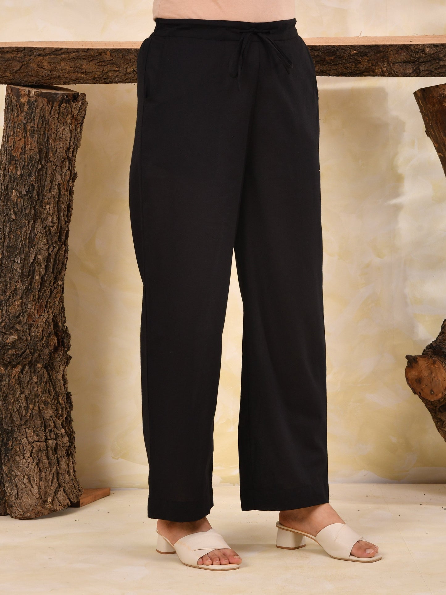 Soft cotton Solid Black Straight Trousers