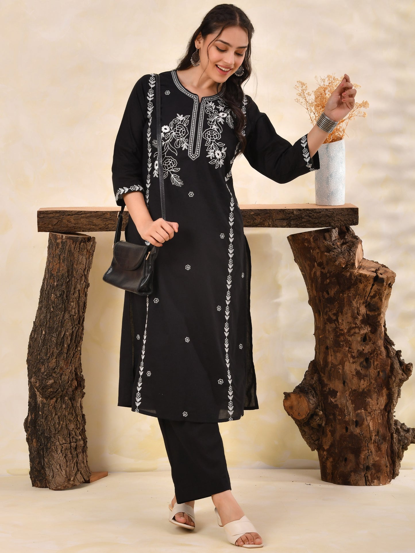 Embroidered Soft cotton Solid Straight Black Kurta