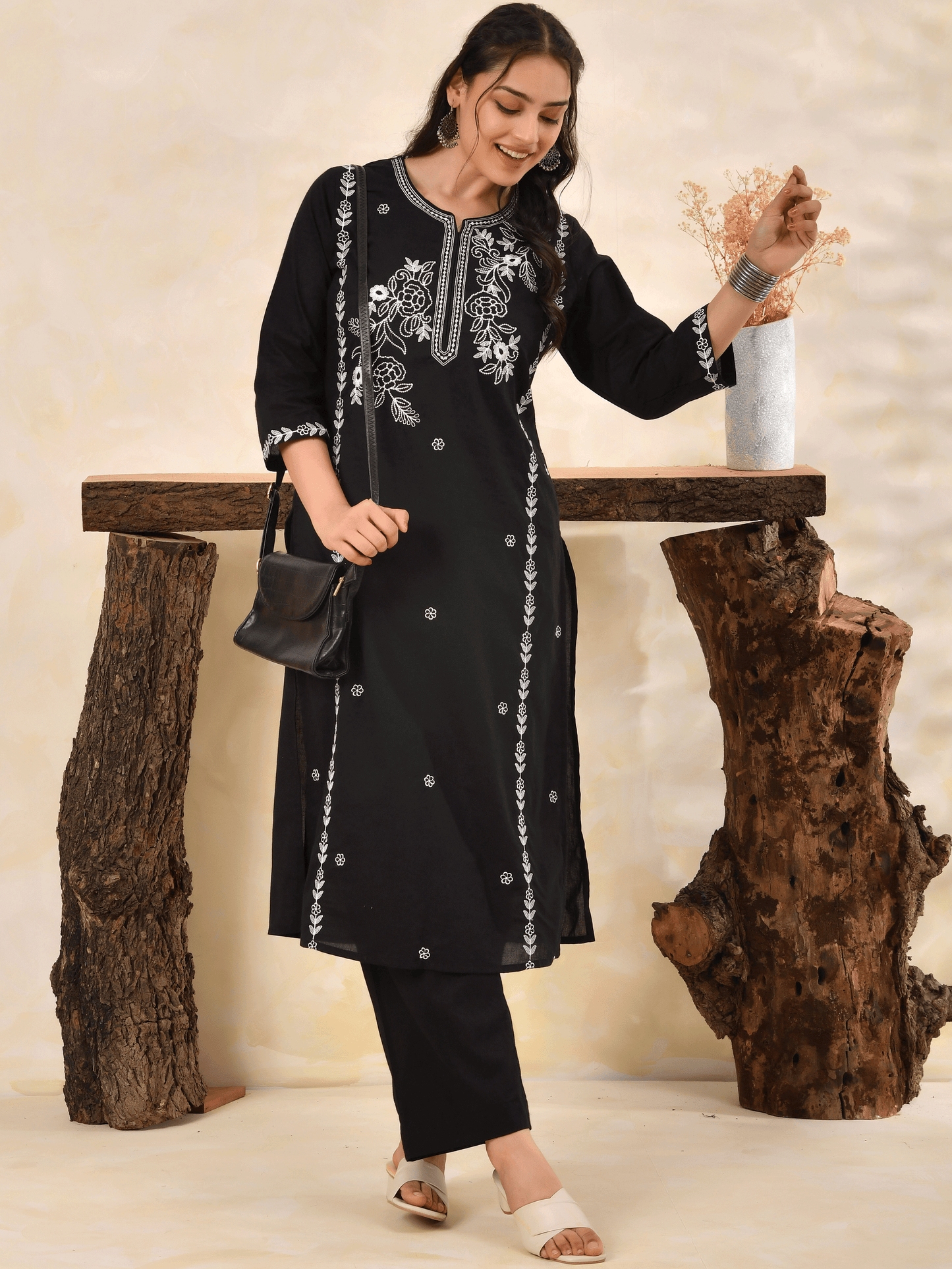 Embroidered Soft cotton Solid Straight Black Kurta