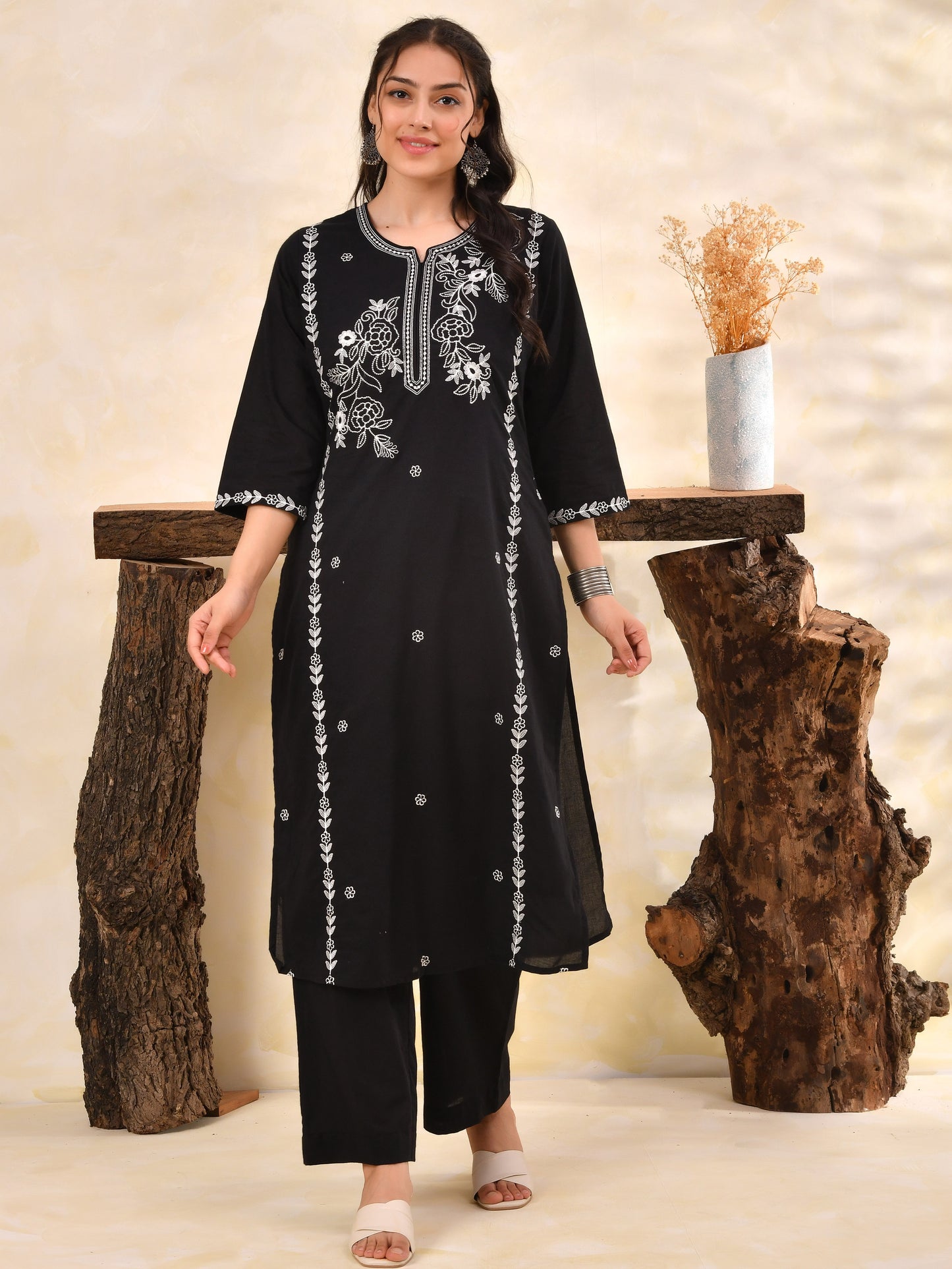 Embroidered Soft cotton Solid Straight Black Kurta