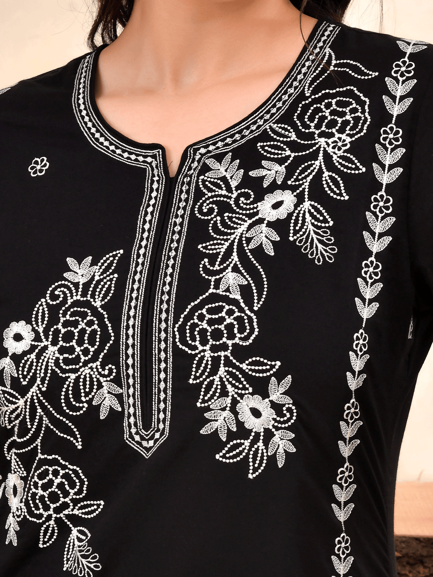 Embroidered Soft cotton Solid Straight Black Kurta