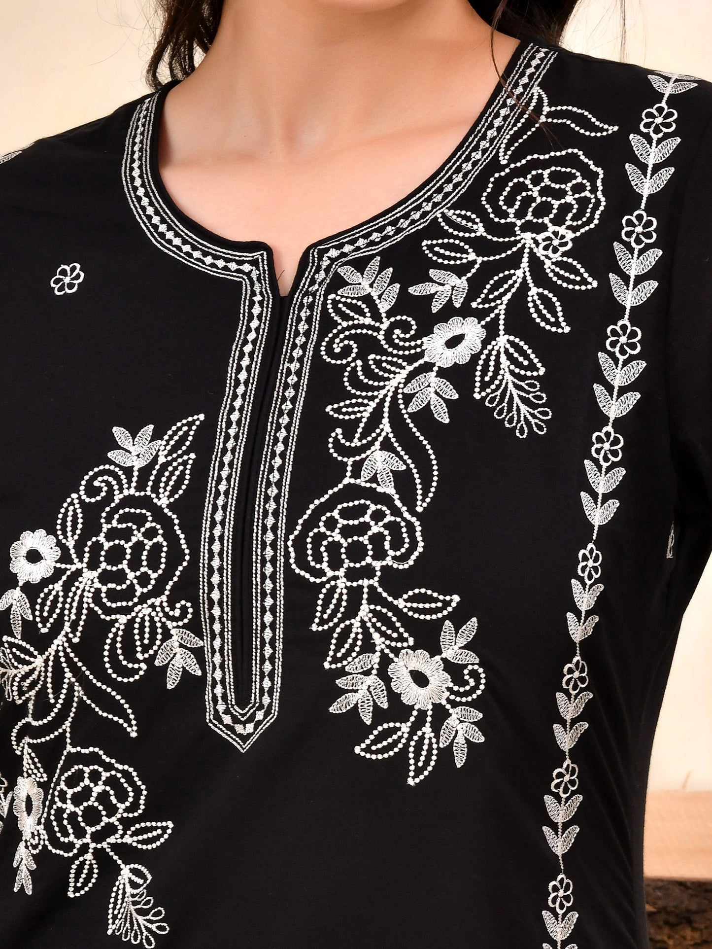 Embroidered Soft cotton Solid Straight Black Kurta