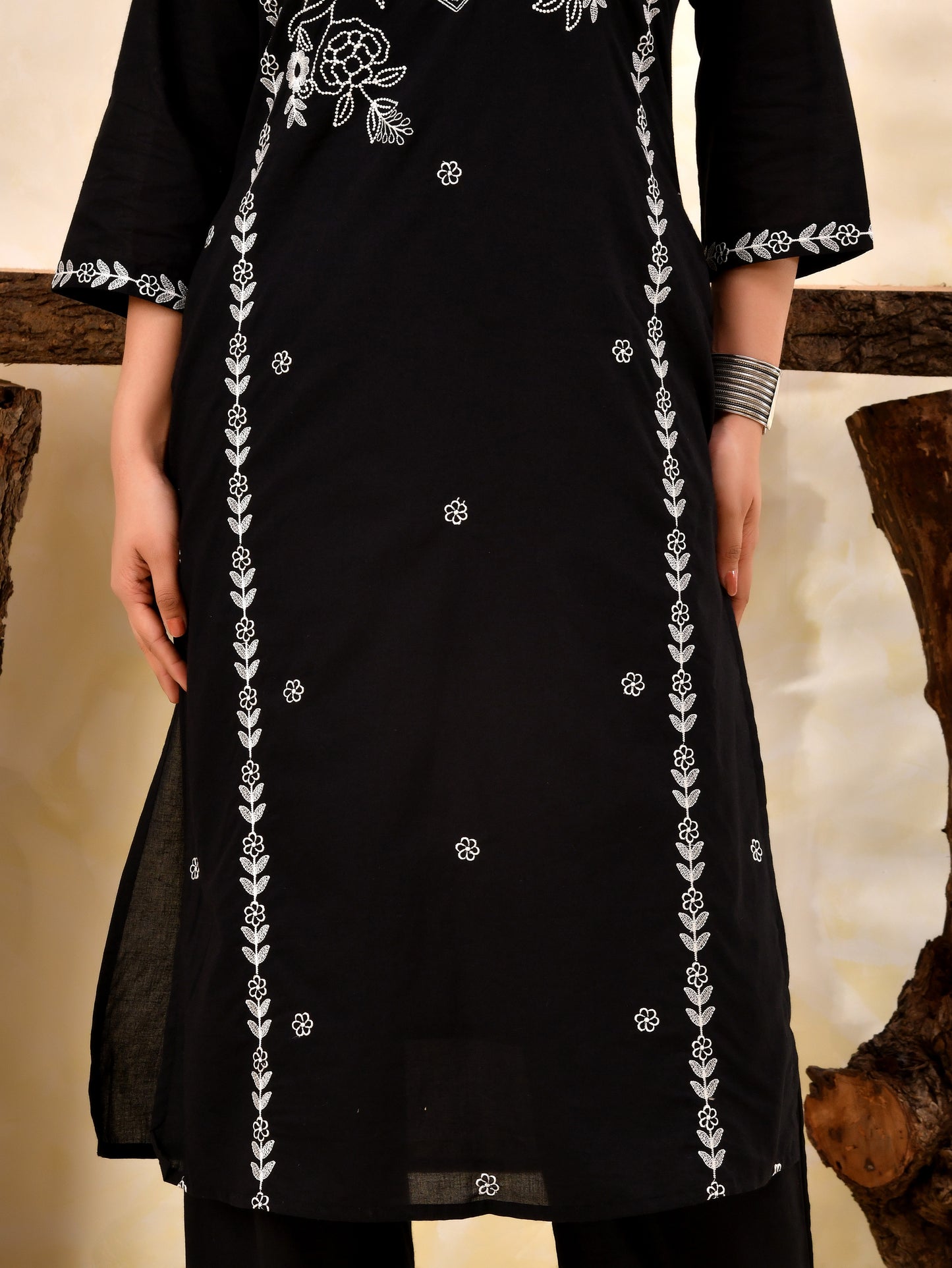 Embroidered Soft cotton Solid Straight Black Kurta