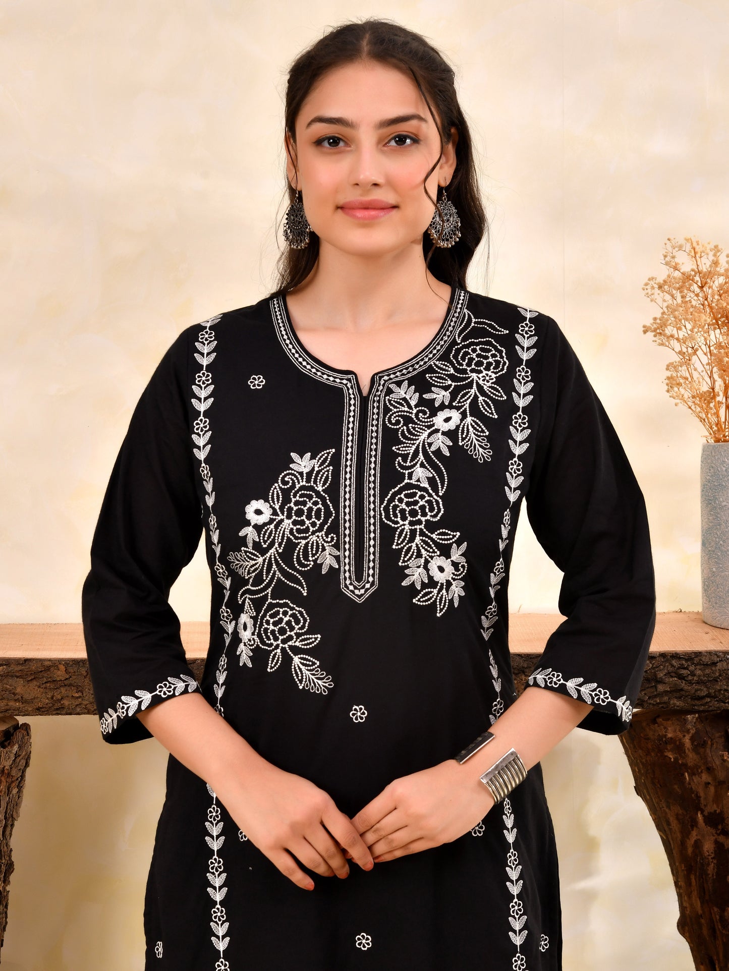 Embroidered Soft cotton Solid Straight Black Kurta