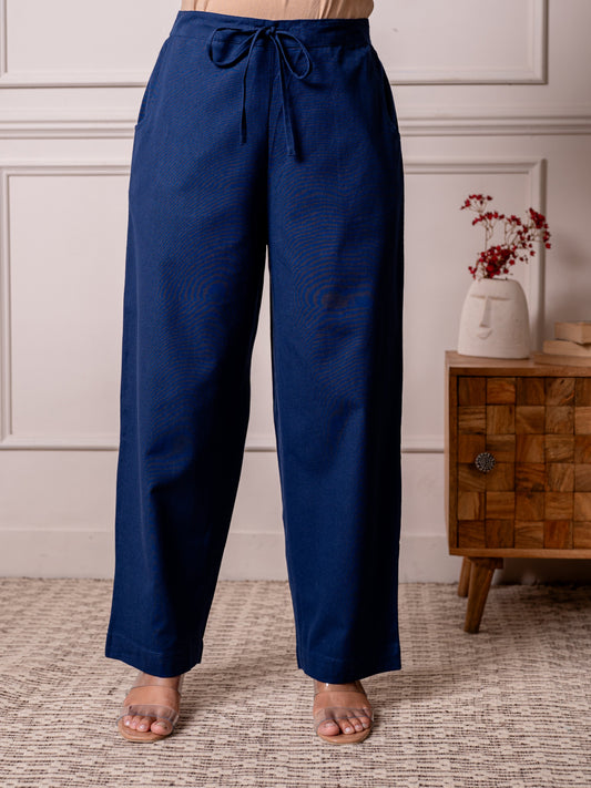 Linen cotton Solid Blue Straight Trousers