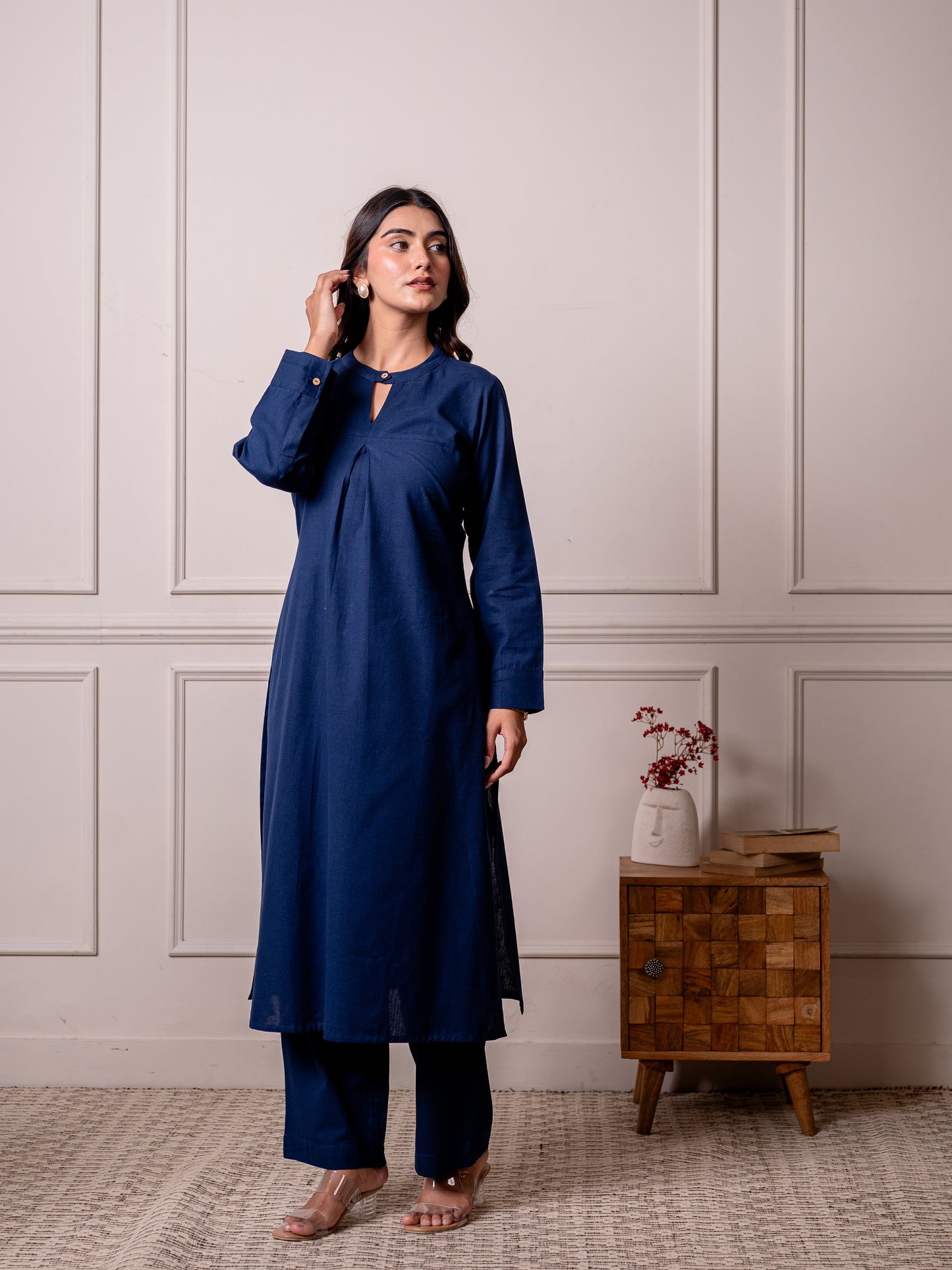 Linen cotton Solid Straight Blue Kurta