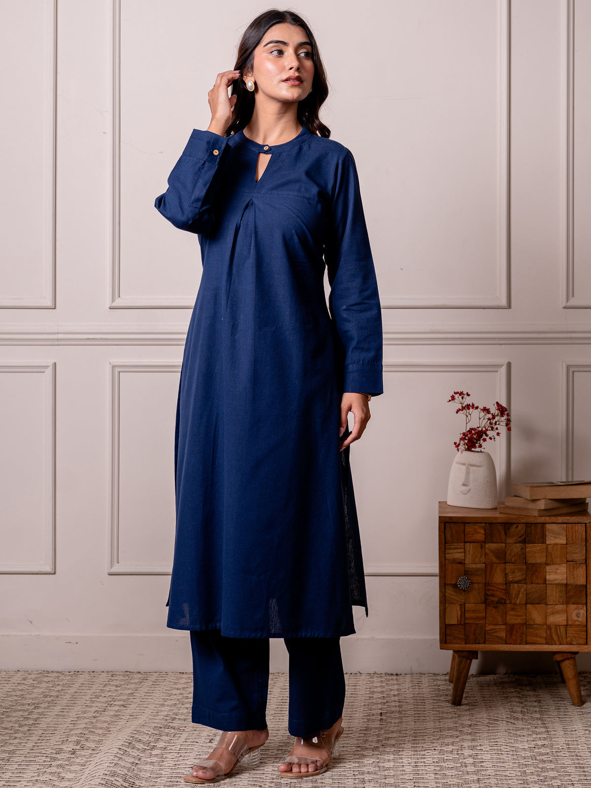 Linen Cotton Solid Straight Blue Kurta