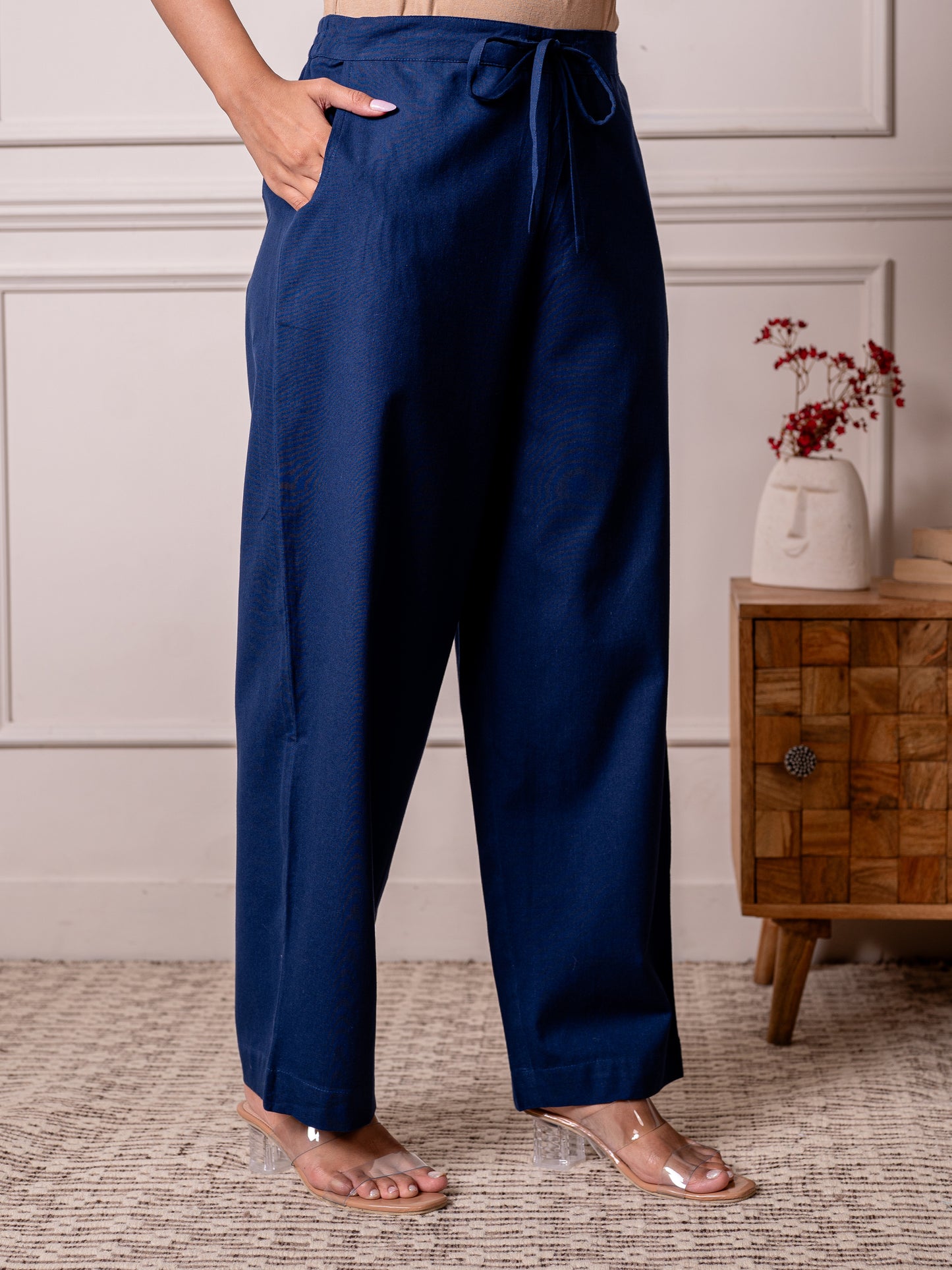 Linen cotton Solid Straight Blue Kurta