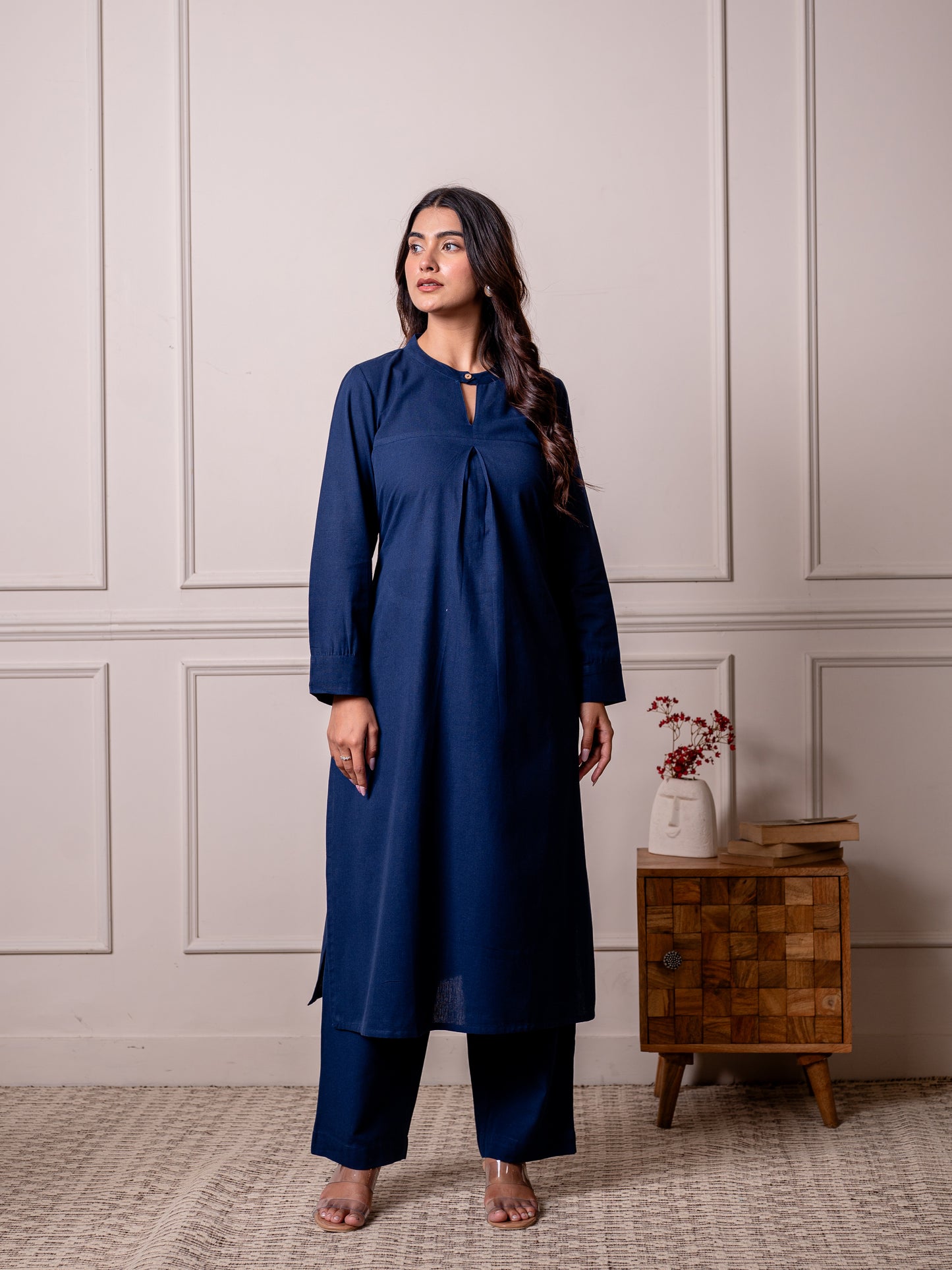Linen cotton Solid Straight Blue Kurta