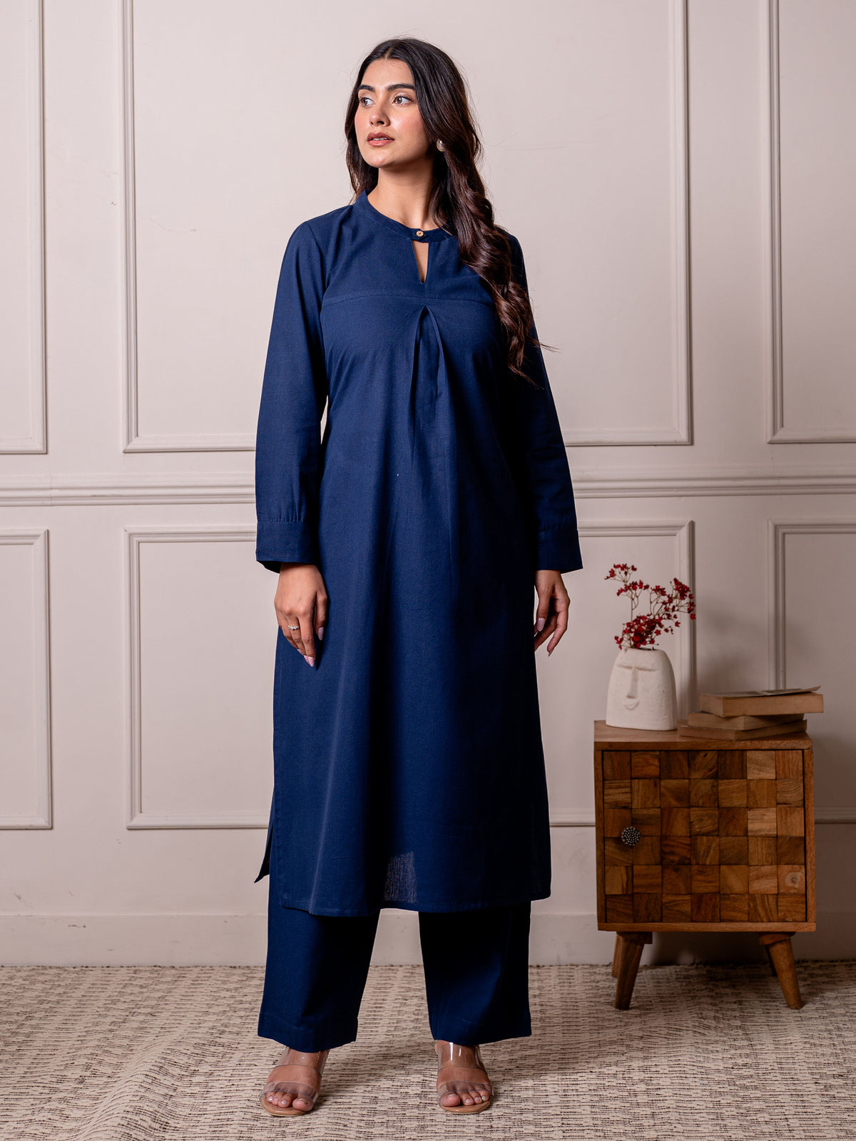 Linen Cotton Solid Straight Blue Kurta