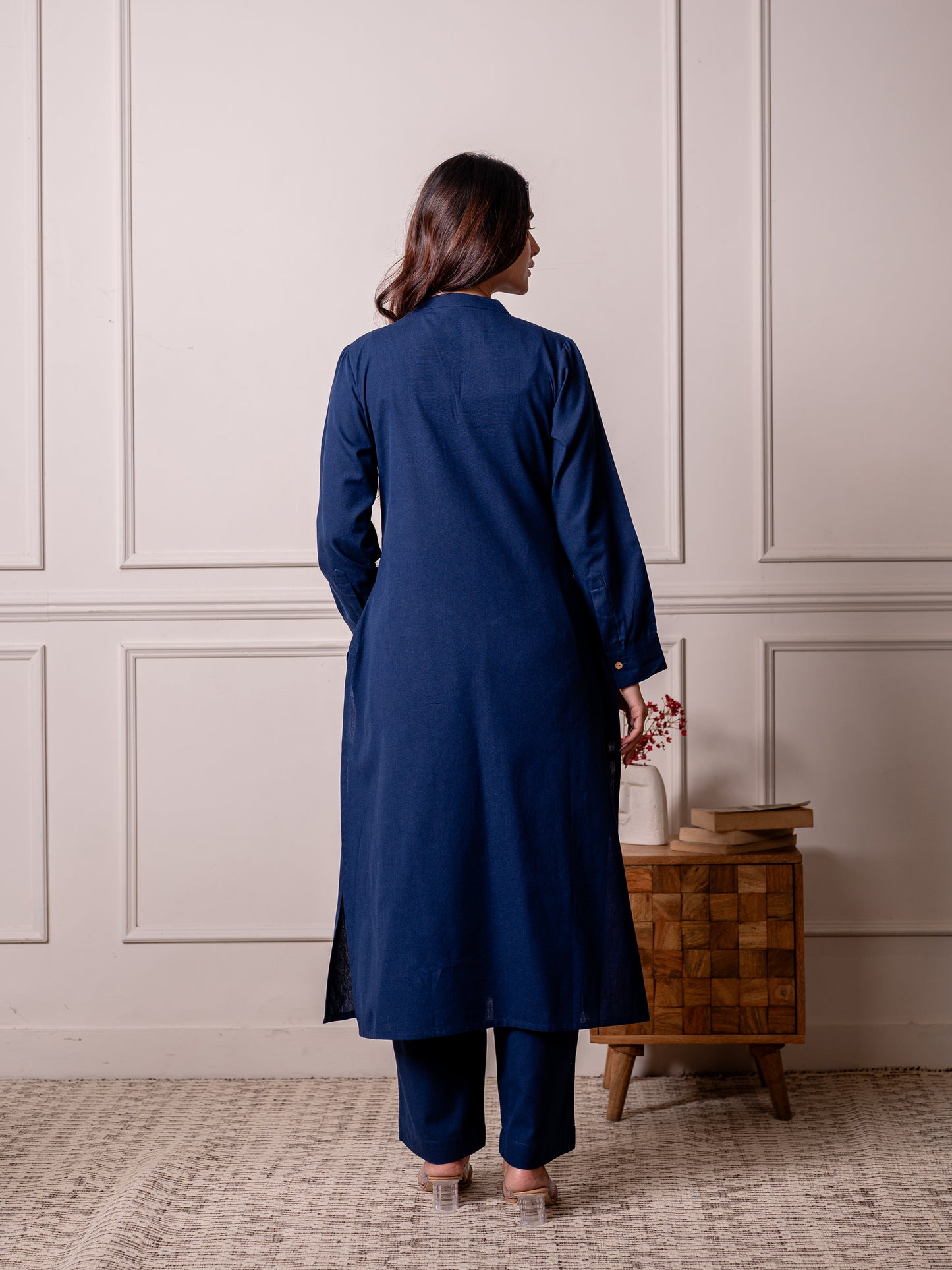 Linen cotton Solid Straight Blue Kurta