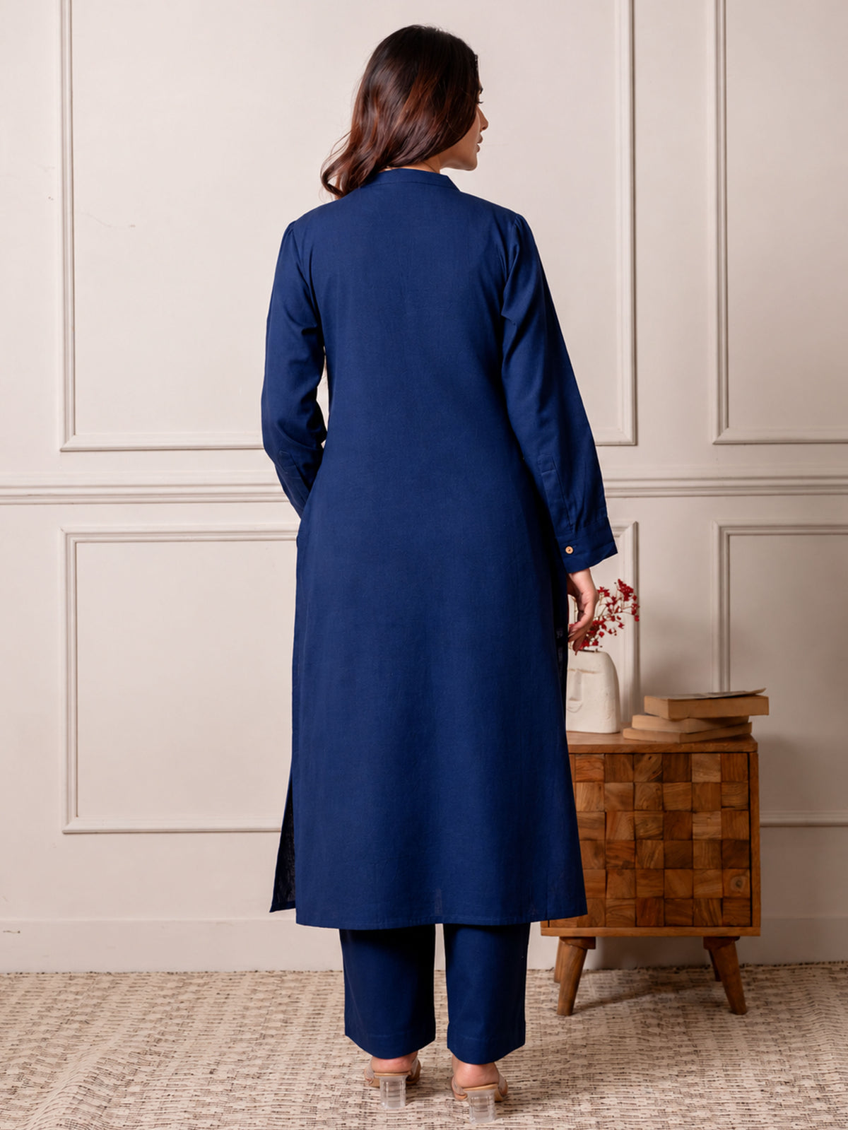 Linen Cotton Solid Straight Blue Kurta