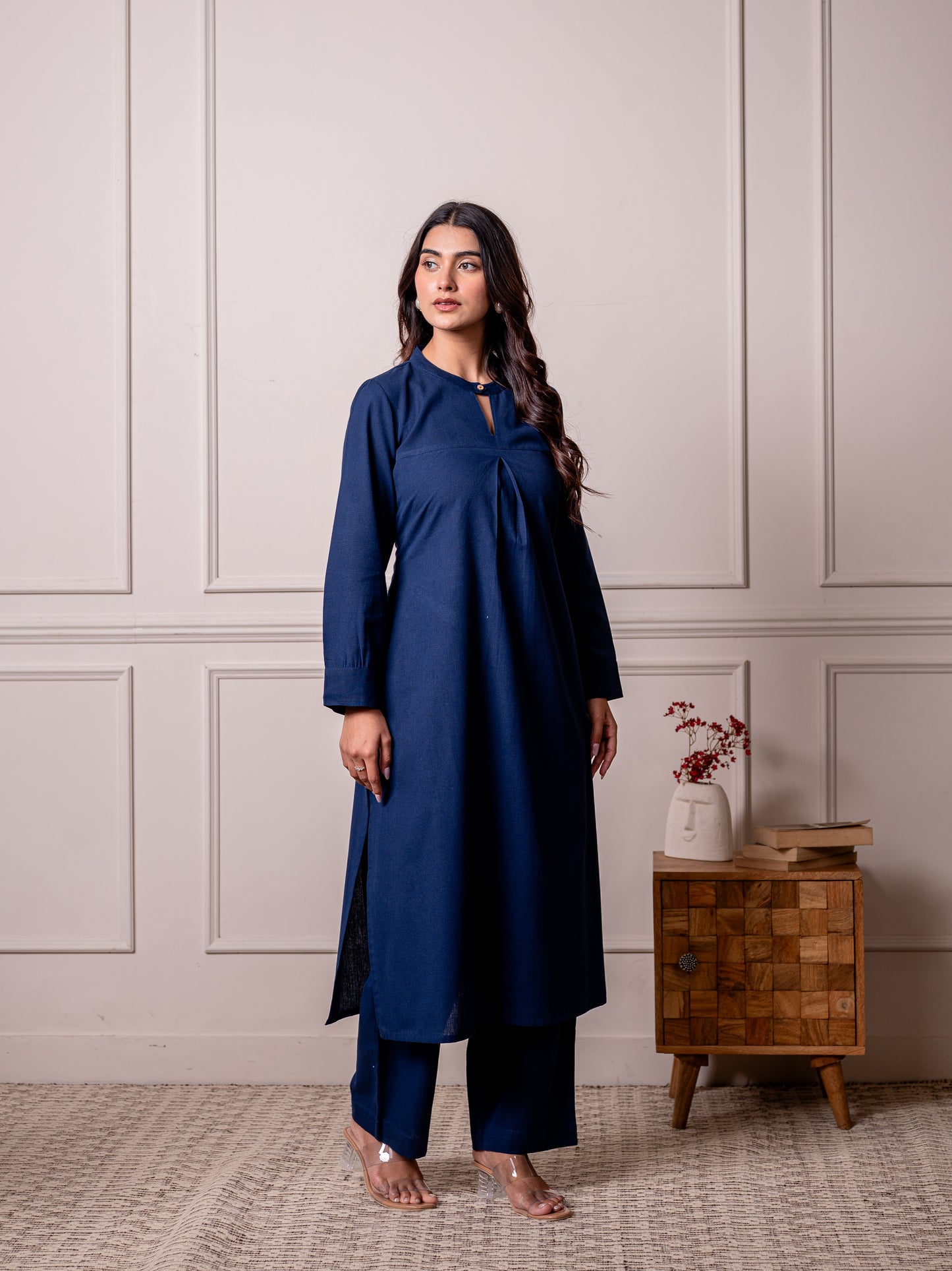Linen cotton Solid Straight Blue Kurta