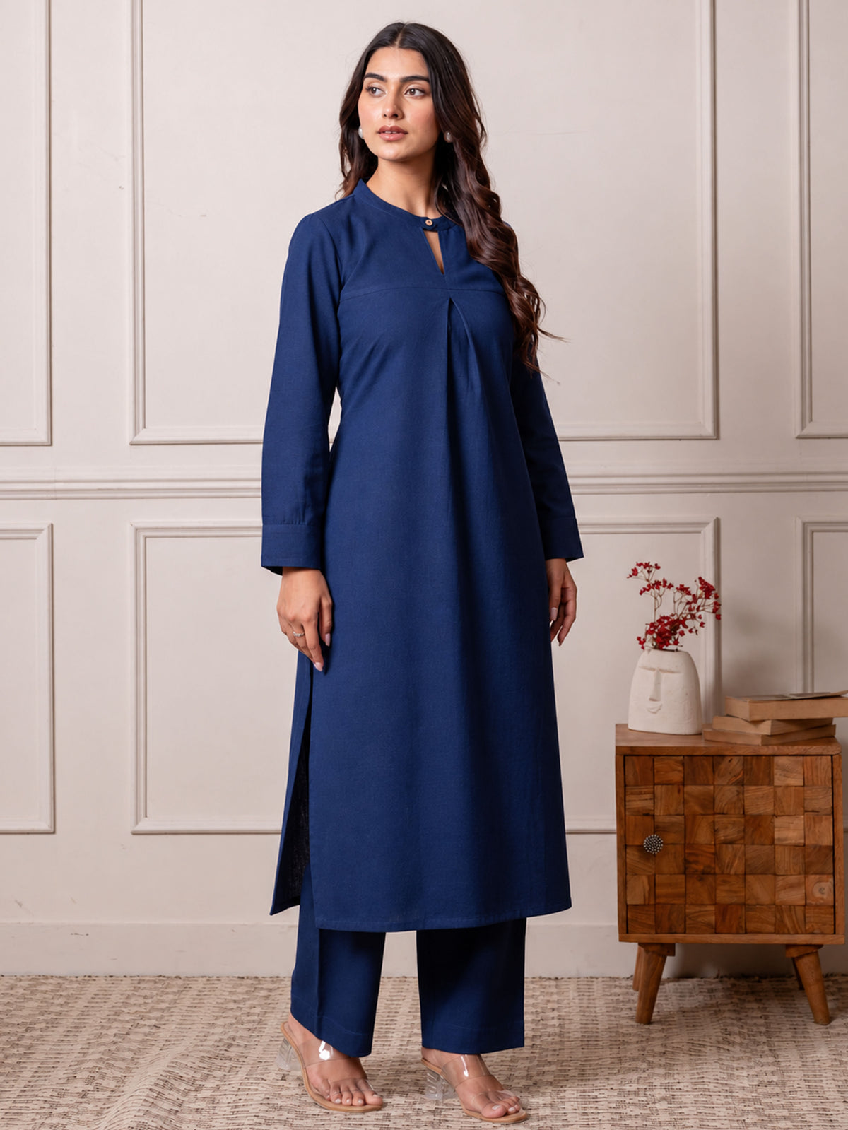Linen Cotton Solid Straight Blue Kurta