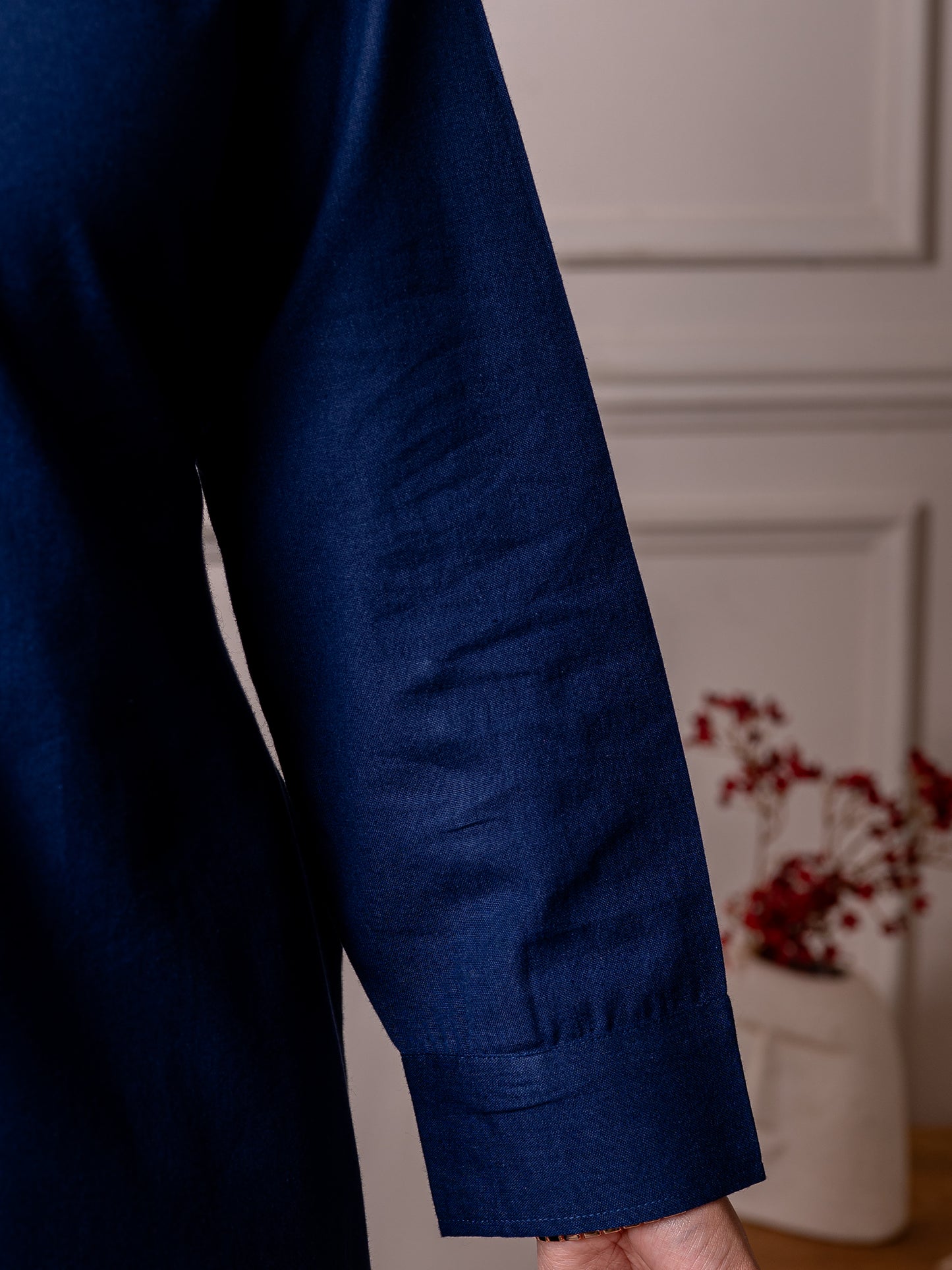 Linen cotton Solid Straight Blue Kurta