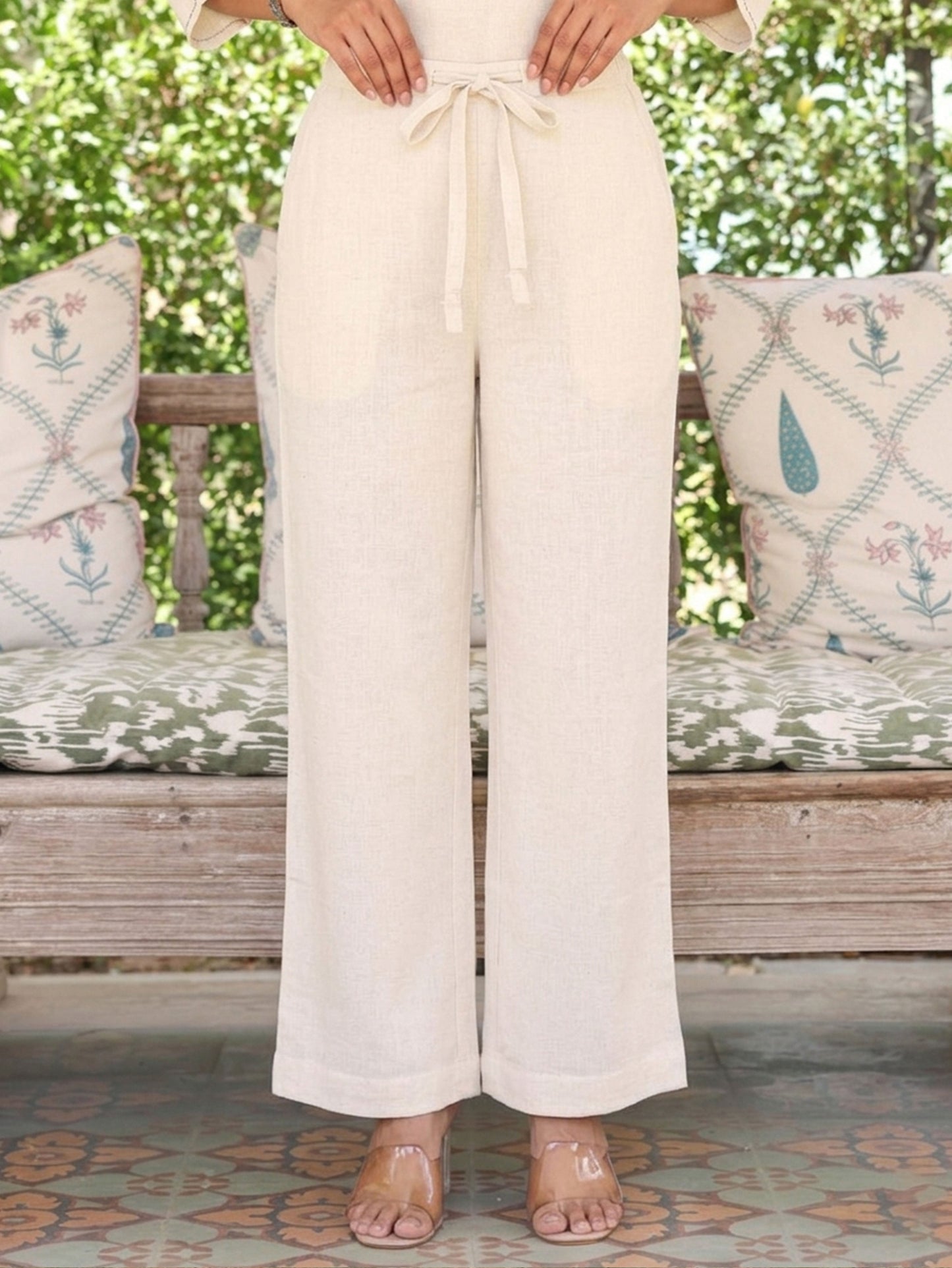 Linen cotton Solid Off White Palazzo