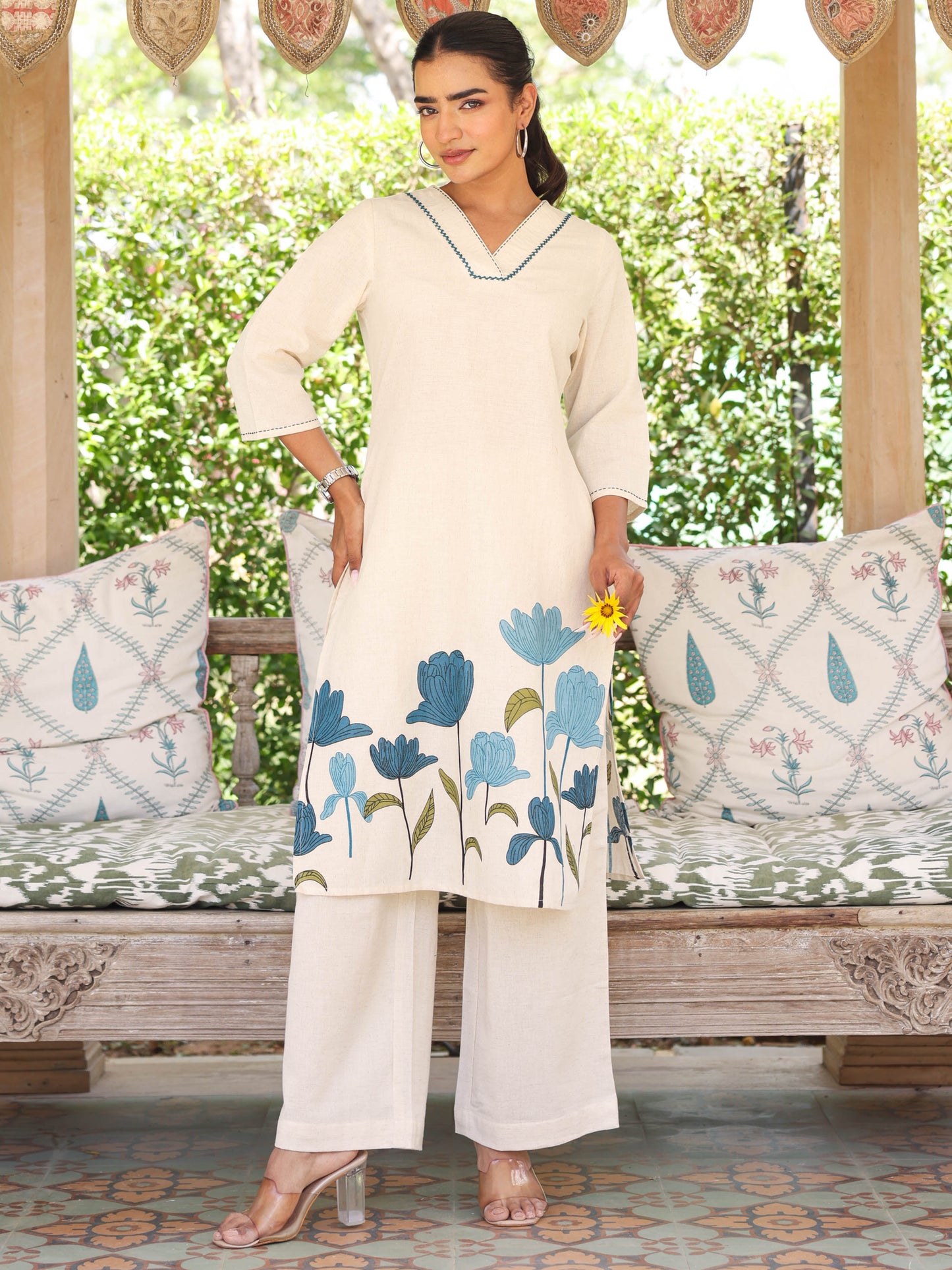 Embroidered Linen cotton Placement Print Straight Off White Kurta