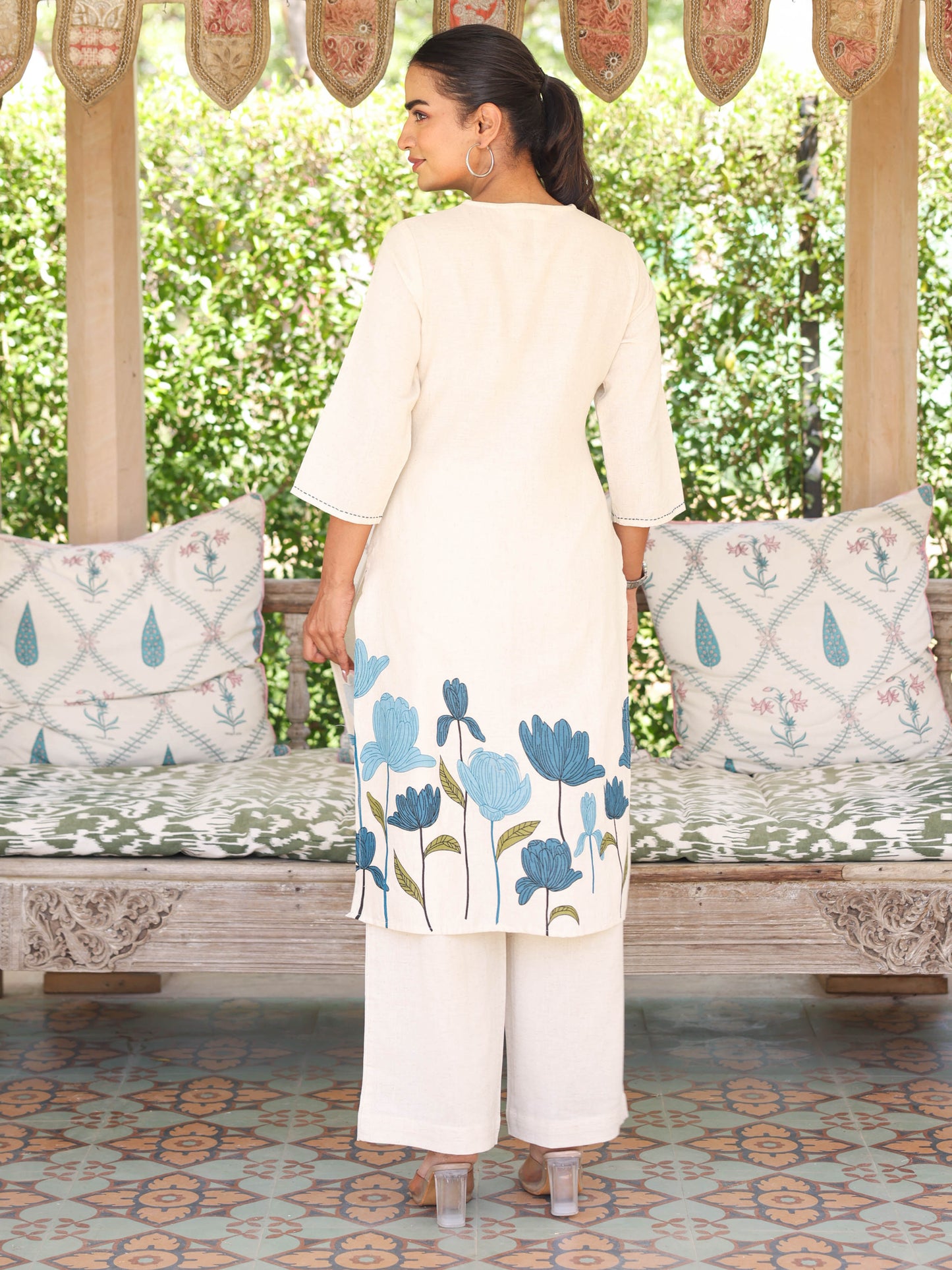 Embroidered Linen cotton Placement Print Straight Off White Kurta
