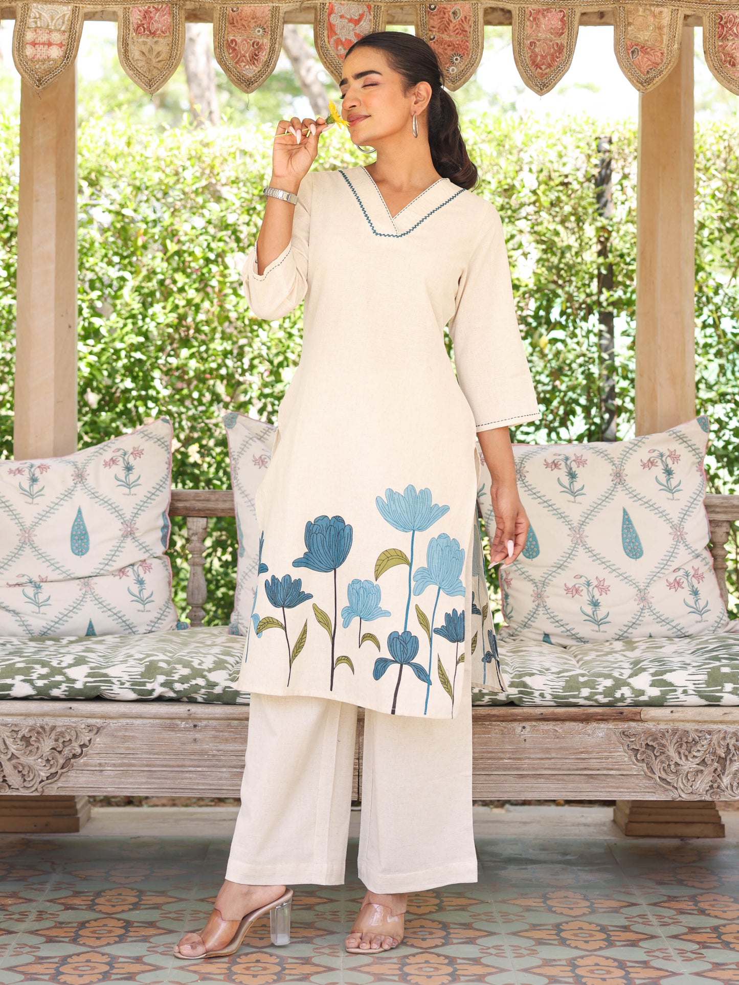 Embroidered Linen cotton Placement Print Straight Off White Kurta
