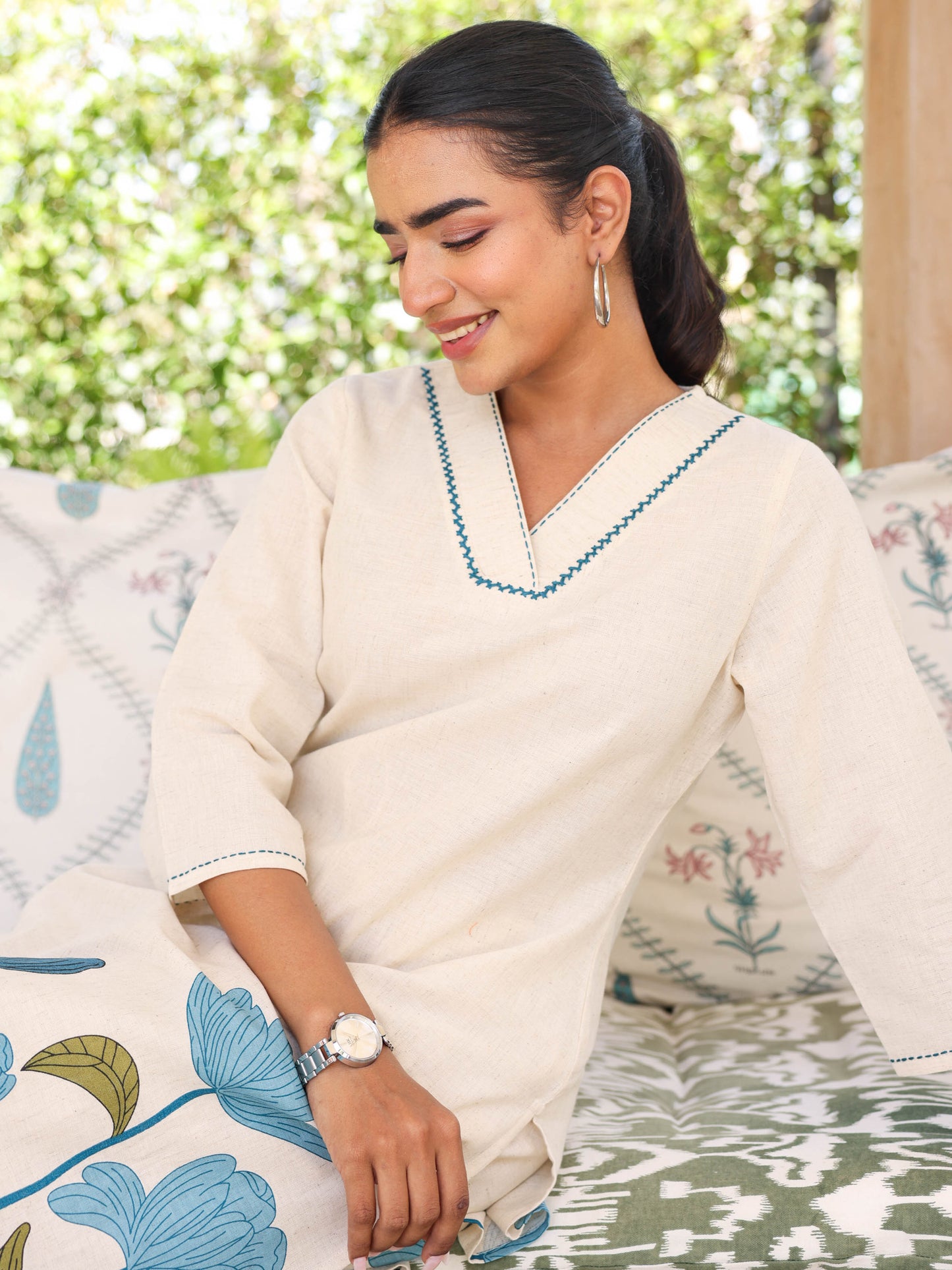 Embroidered Linen cotton Placement Print Straight Off White Kurta