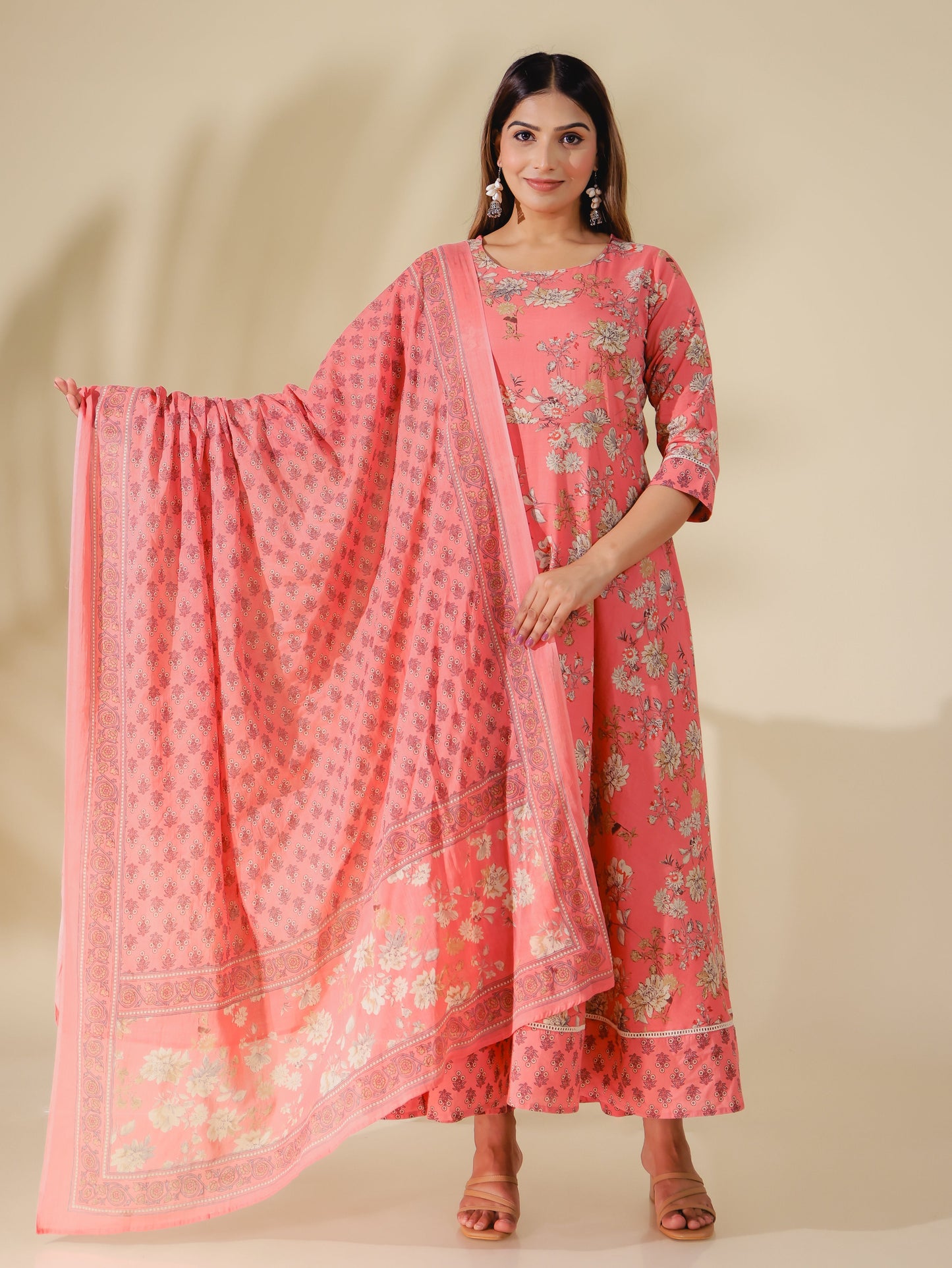 Soft Cotton Floral Anarkali Pink Kurta