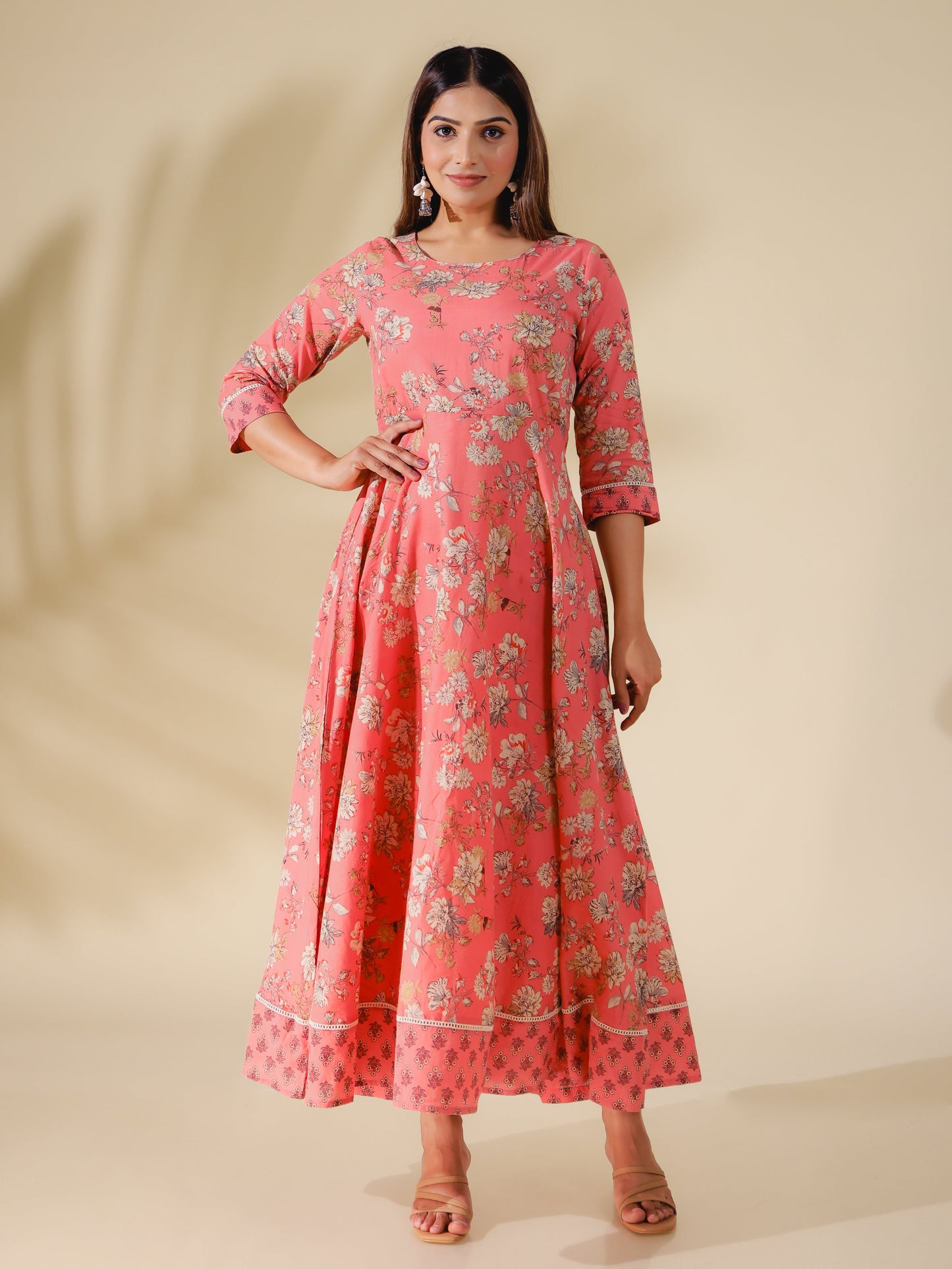 Soft Cotton Floral Anarkali Pink Kurta