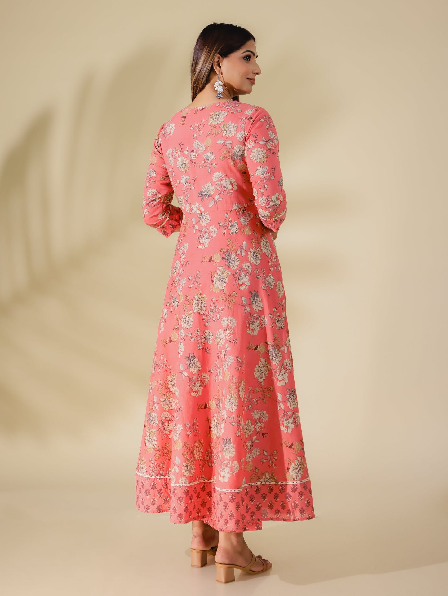 Soft Cotton Floral Anarkali Pink Kurta