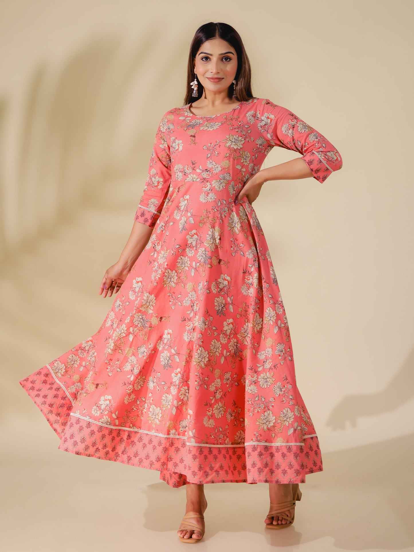 Soft Cotton Floral Anarkali Pink Kurta
