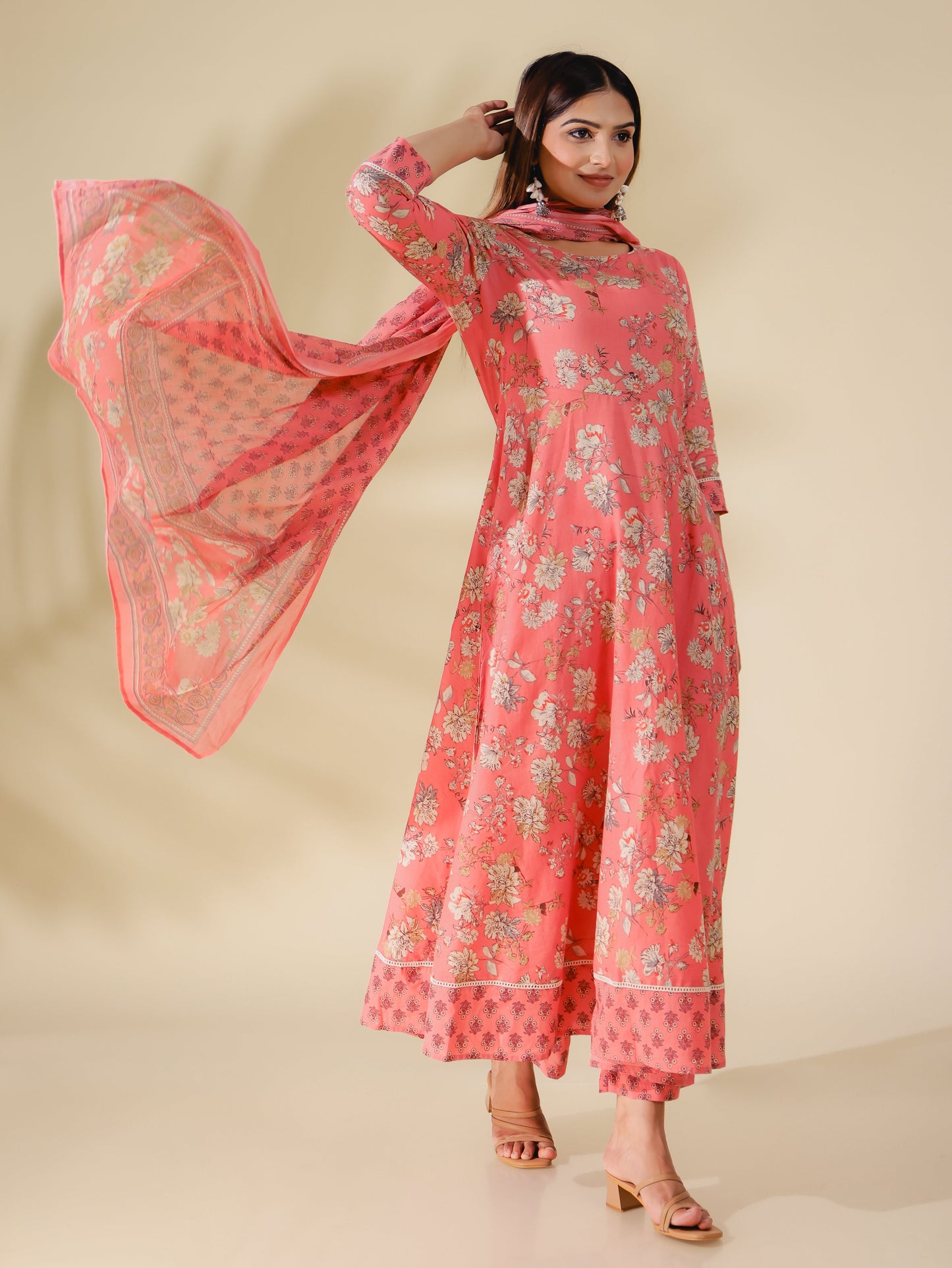 Soft Cotton Floral Anarkali Pink Kurta
