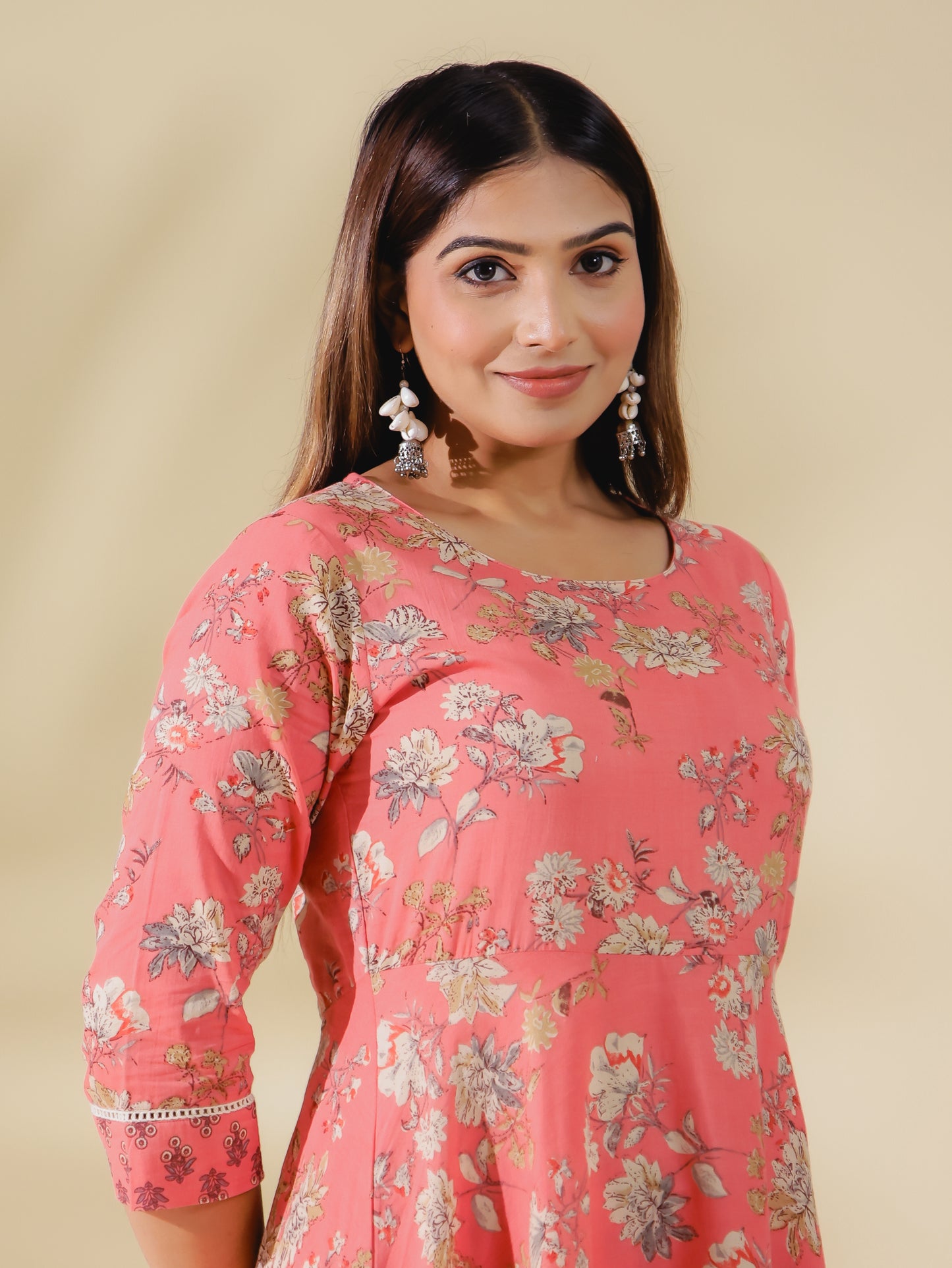 Soft Cotton Floral Anarkali Pink Kurta