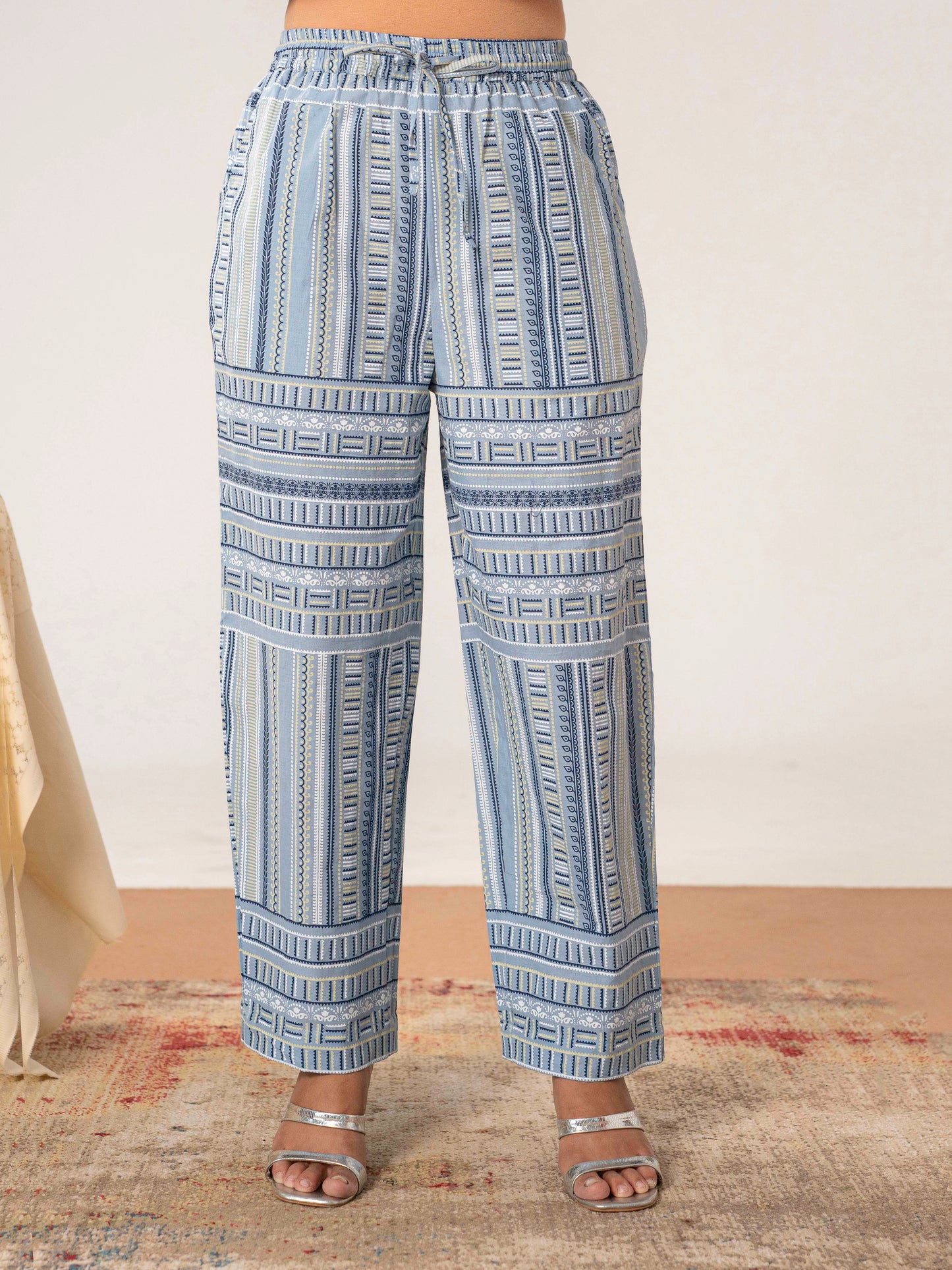 Soft cotton Geometric Blue Straight Trousers