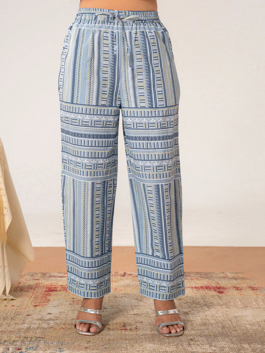 Soft cotton Geometric Blue Straight Trousers