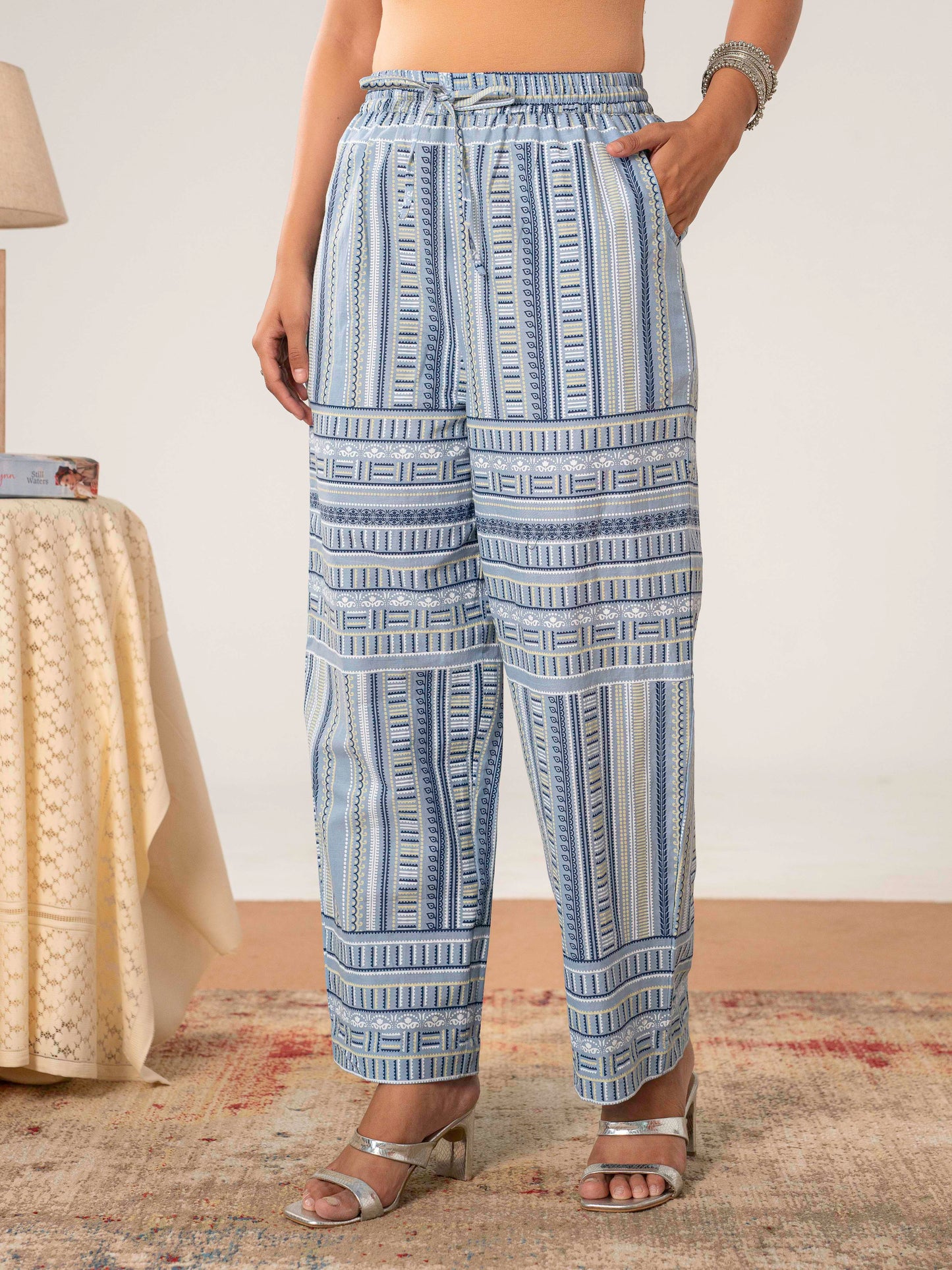 Soft cotton Geometric Blue Straight Trousers