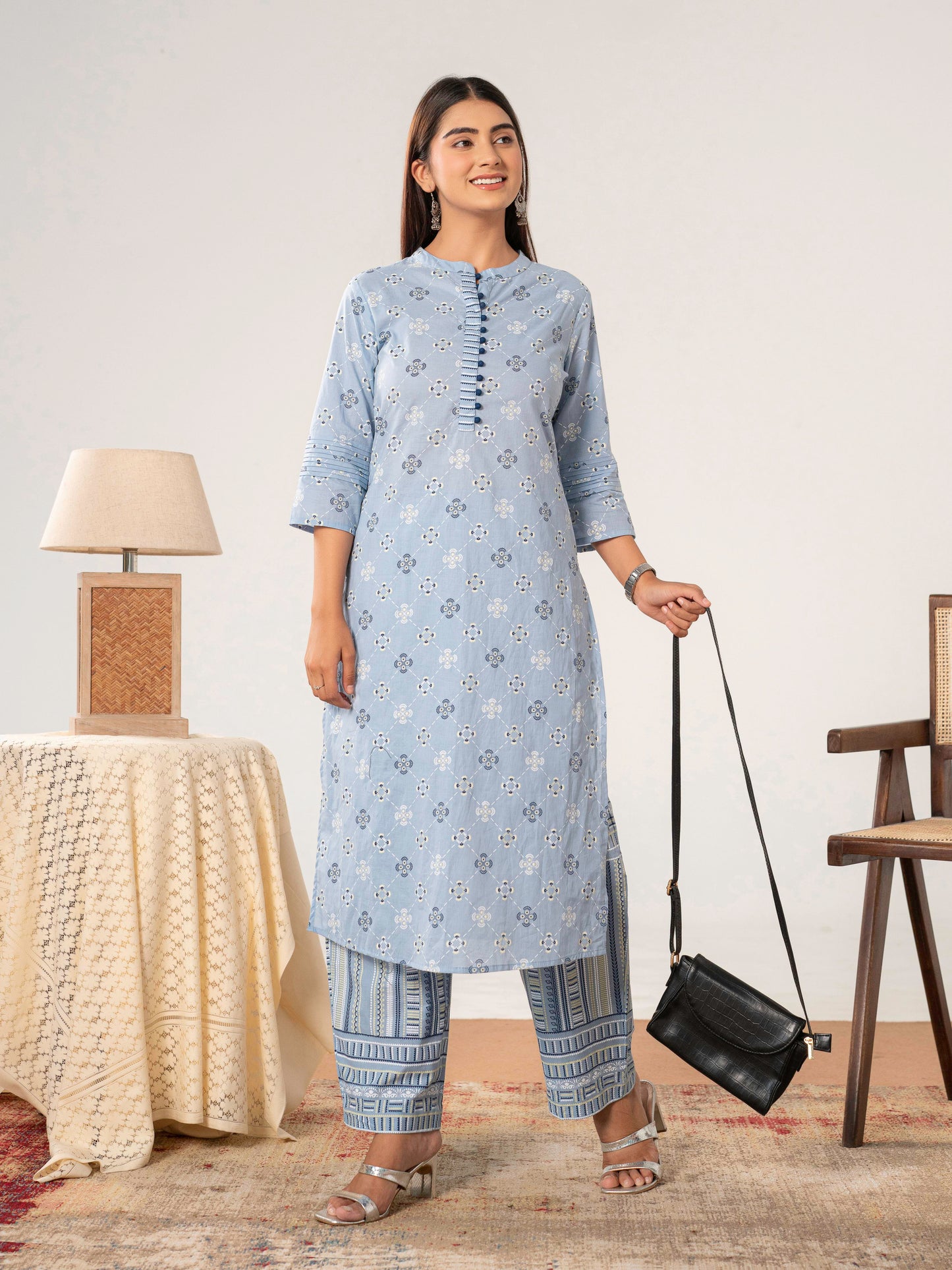 Soft cotton Geometric Straight Blue Kurta