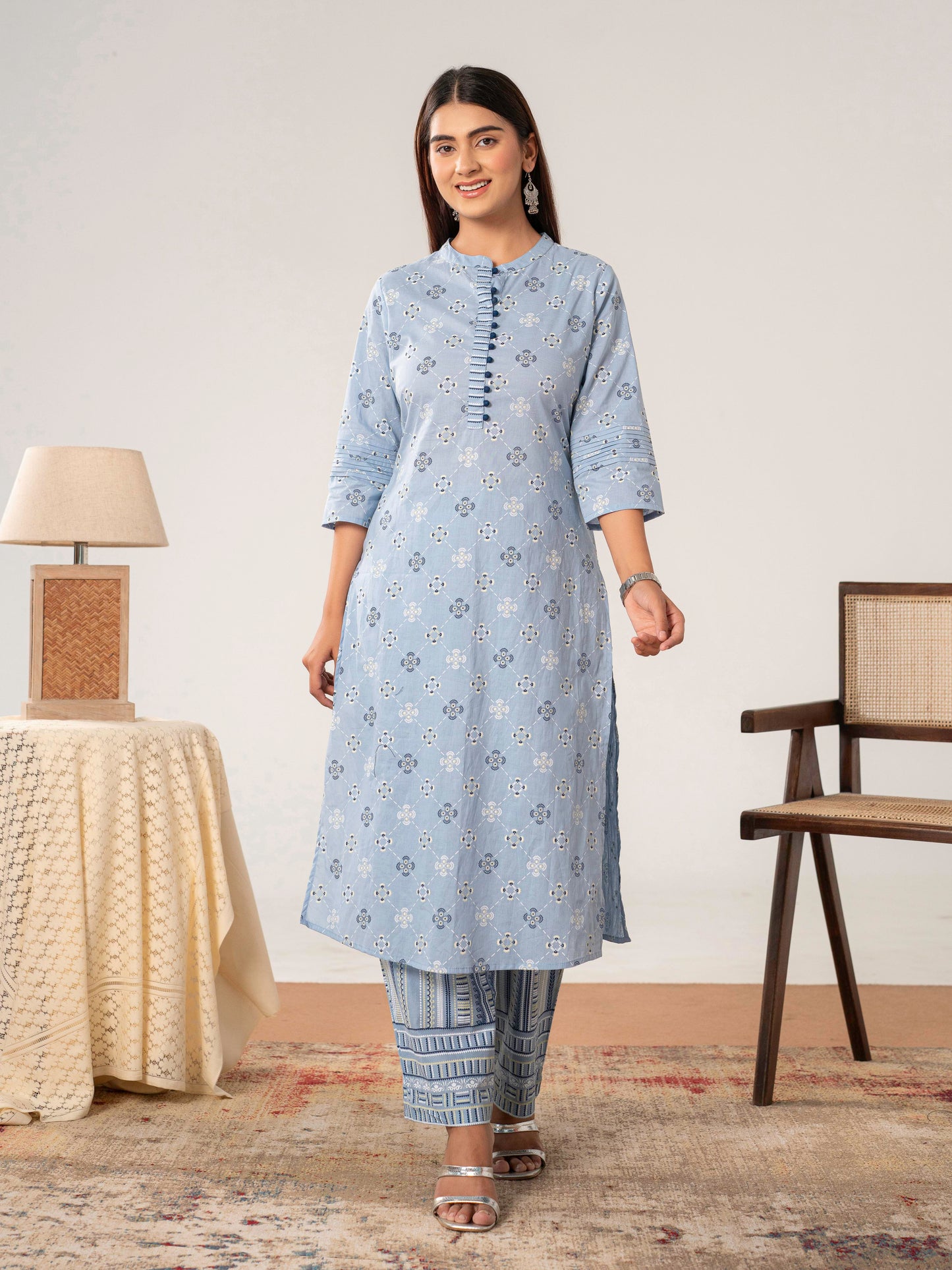 Soft cotton Geometric Straight Blue Kurta