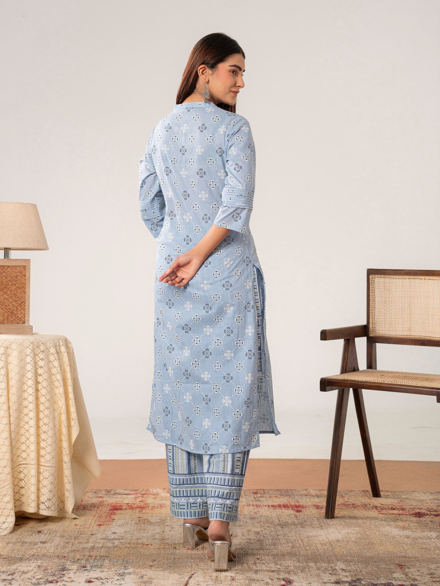 Soft cotton Geometric Straight Blue Kurta