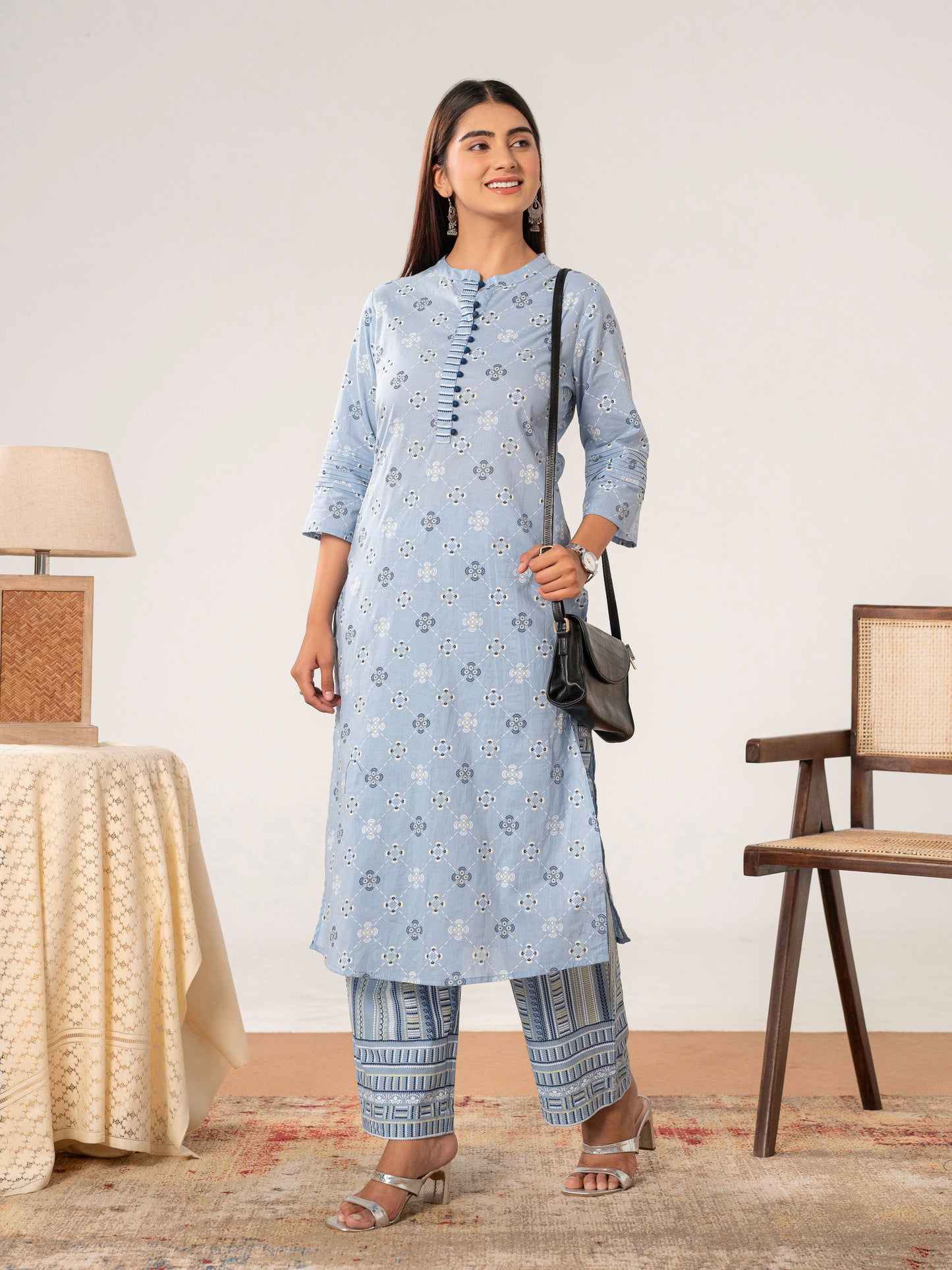 Soft cotton Geometric Straight Blue Kurta