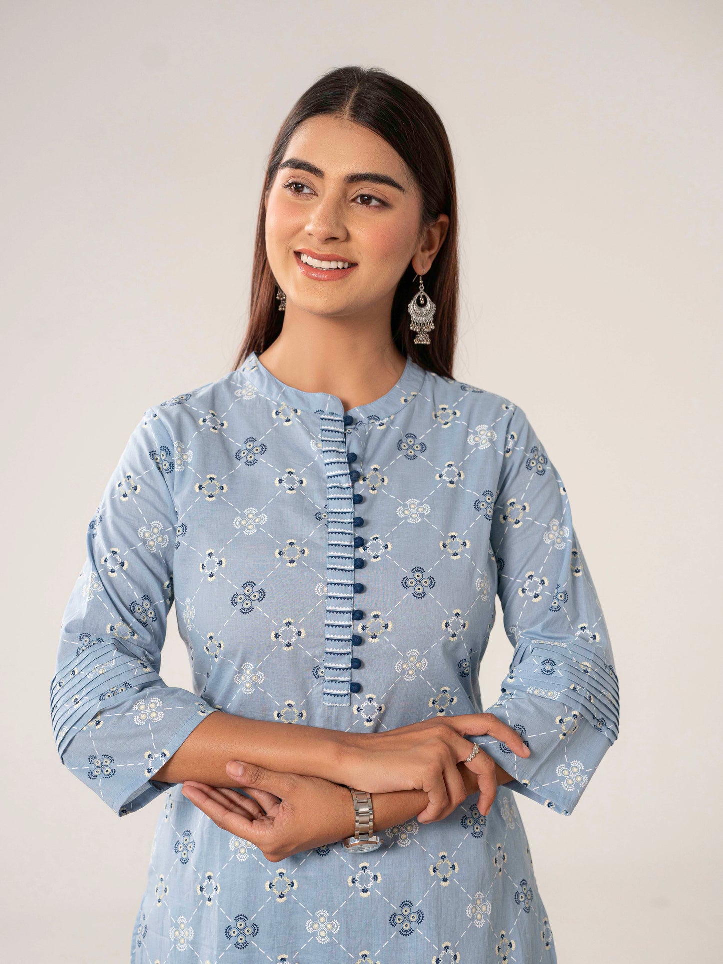 Soft cotton Geometric Straight Blue Kurta