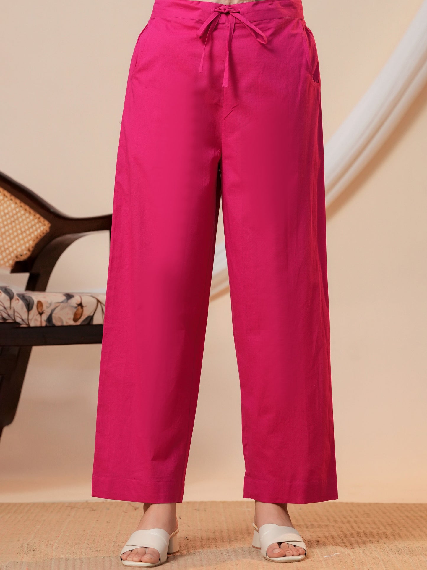 Soft cotton Solid Pink Straight Trousers